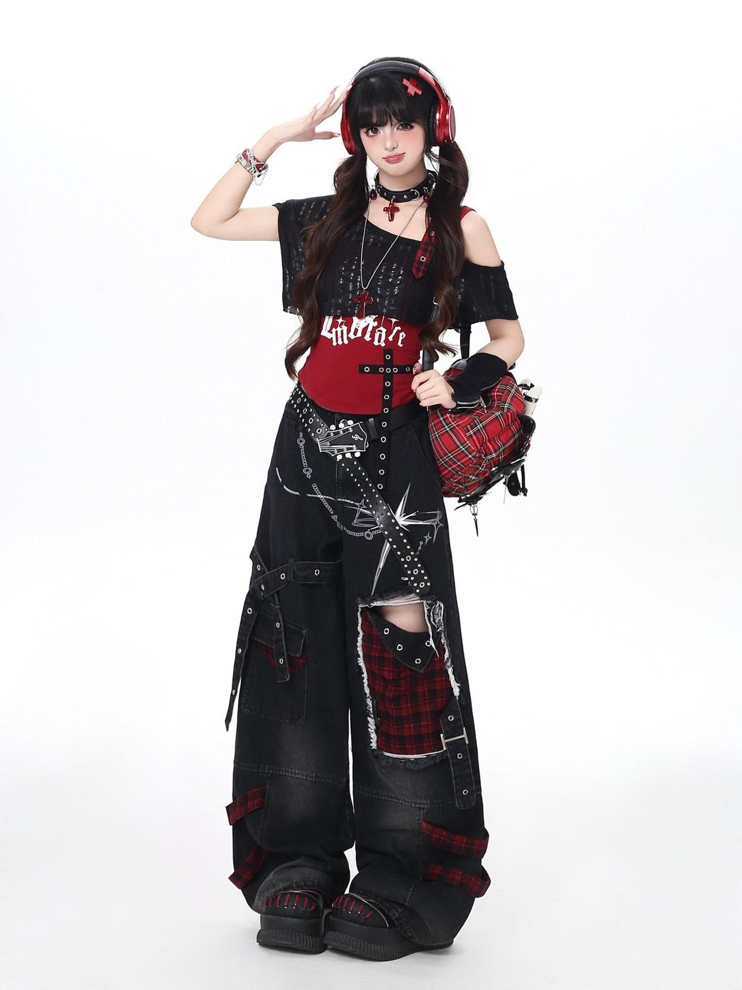 Crazy Girl Punk Street Distressed Ripped High Waist Plaid Women&