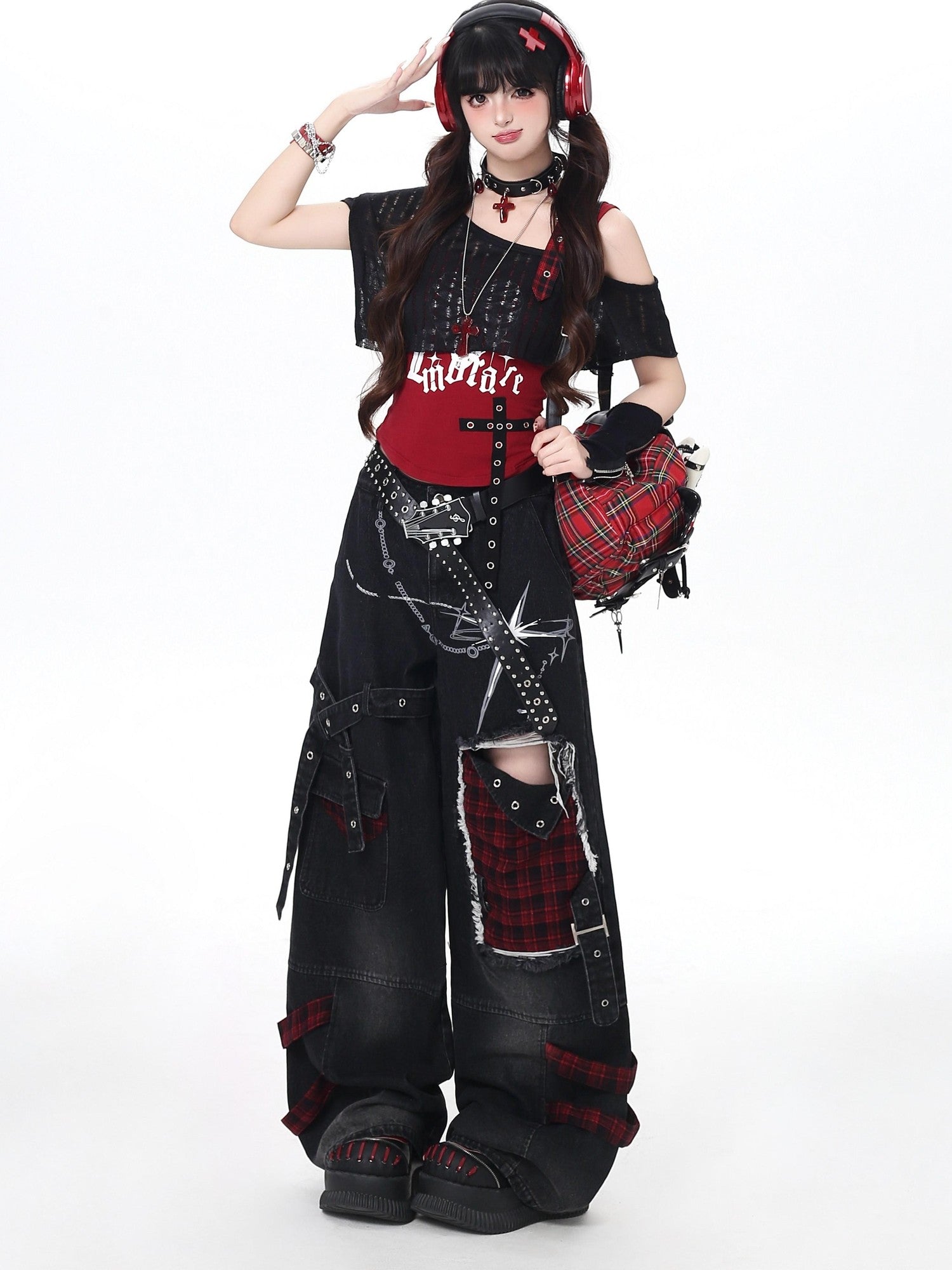 Crazy Girl Punk Street Distressed Ripped High Waist Plaid Women&