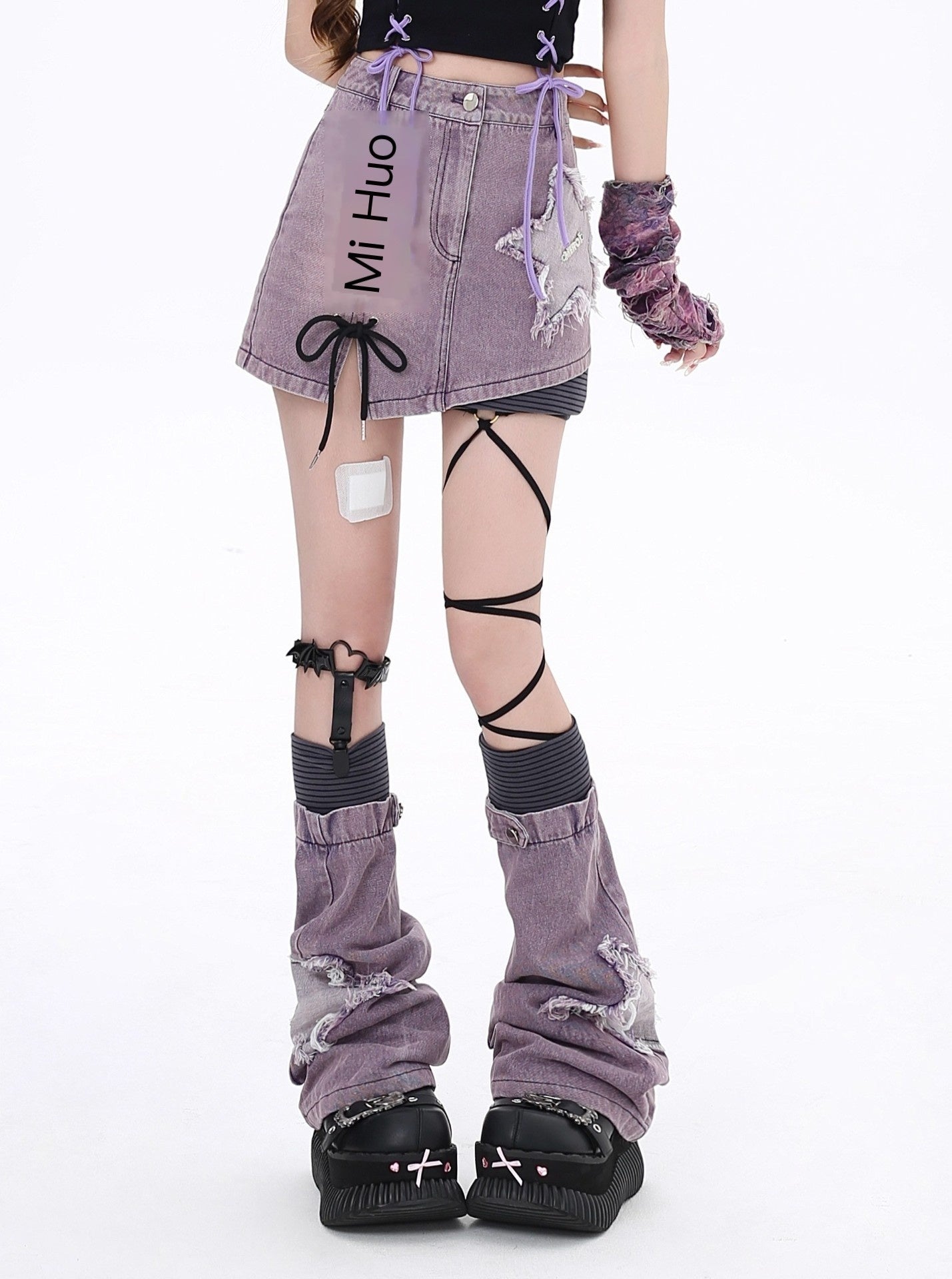 Crazy_Girl_Purple_Star_Applique_Bow_Tie_Patchwork_High_Waist_Women&