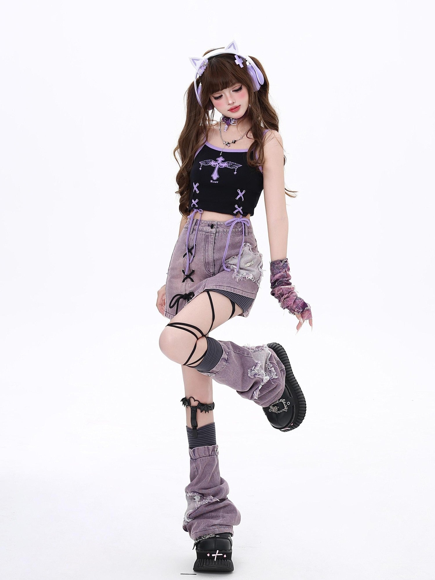 Crazy Girl Purple Star Applique Bow Tie Patchwork High Waist Women&
