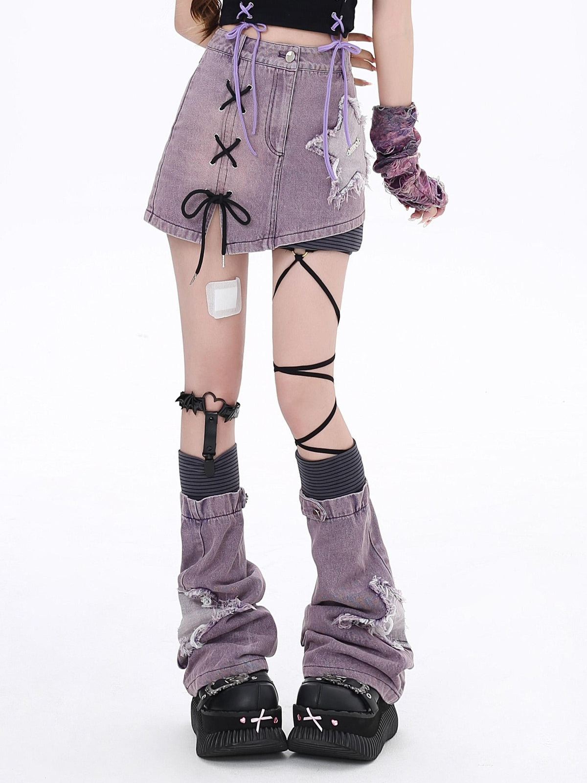 Crazy Girl Purple Star Applique Bow Tie Patchwork High Waist Women&