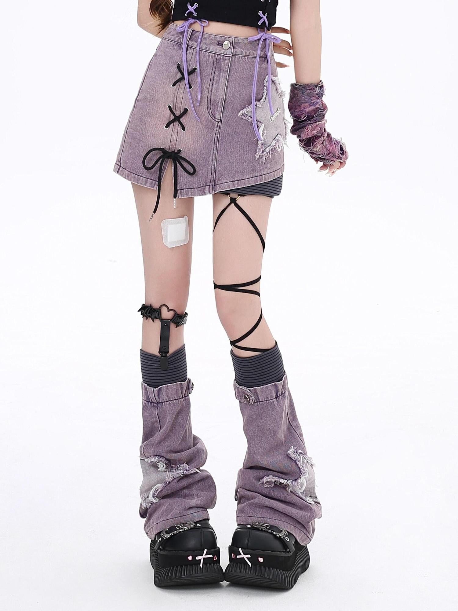 Crazy Girl Purple Star Applique Bow Tie Patchwork High Waist Women&