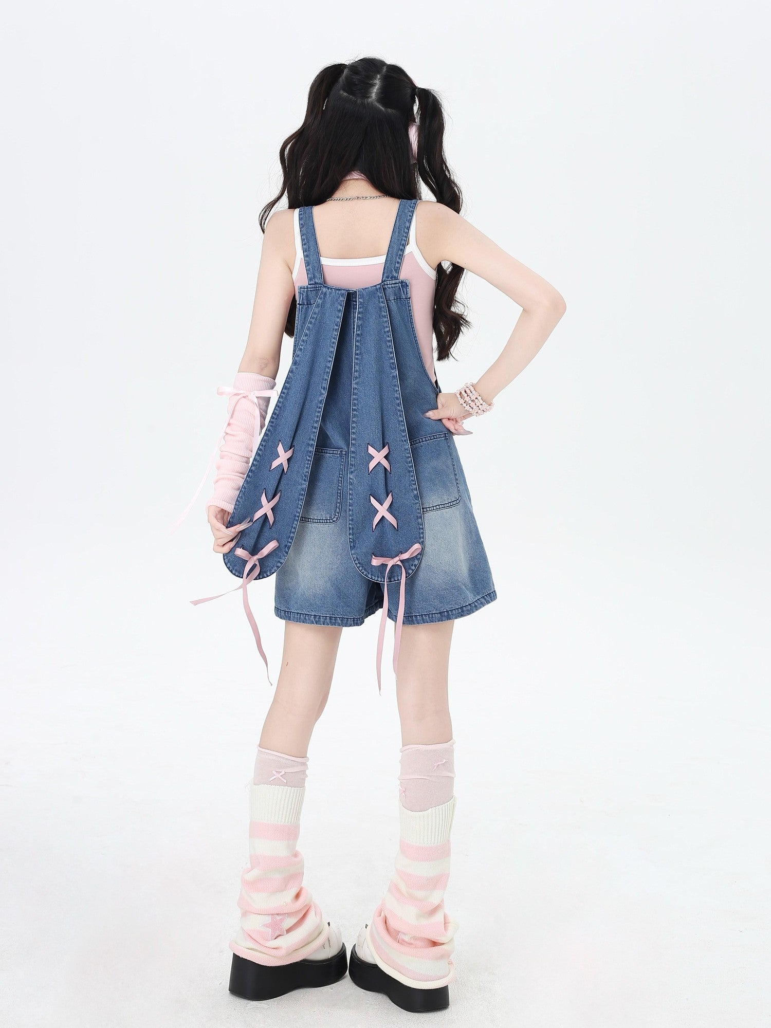 Crazy Girl Rabbit Ear Tie Embroidered Suspender High Waist Women&