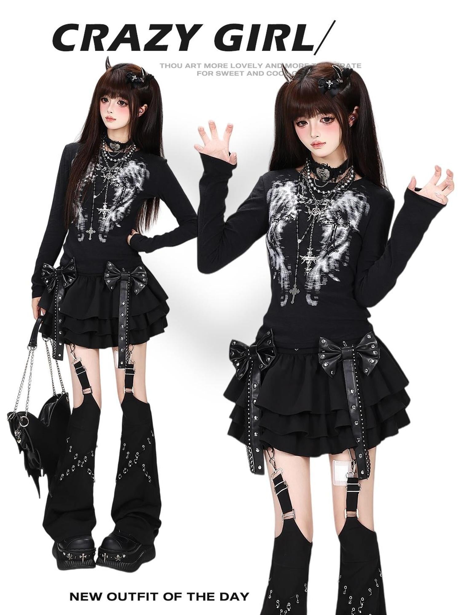Crazy Girl Retro Cross Wing Illusion Print Slim Fit Women&