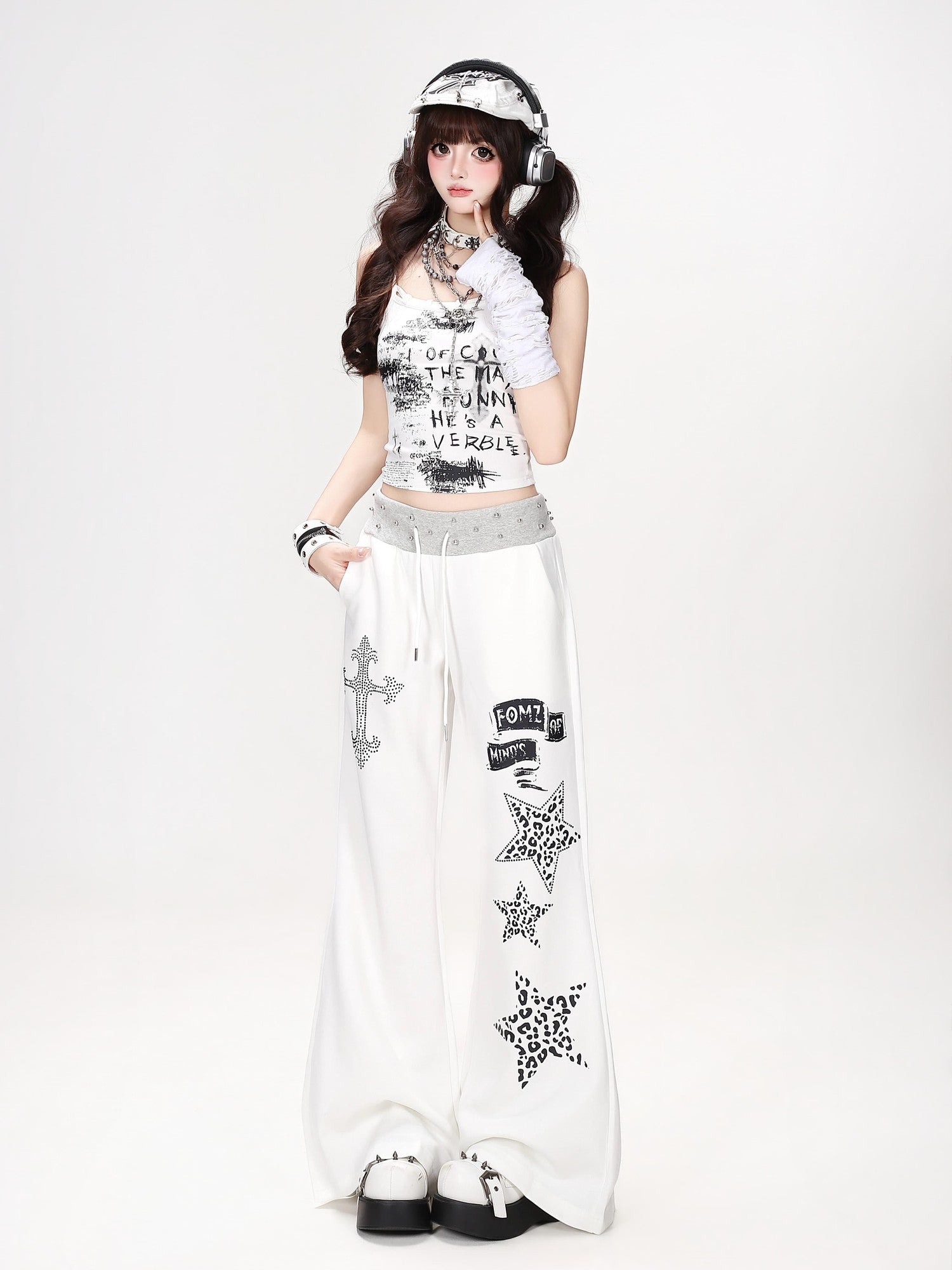 Crazy Girl Retro Leopard Star Print Studded Waist High Waist Women&