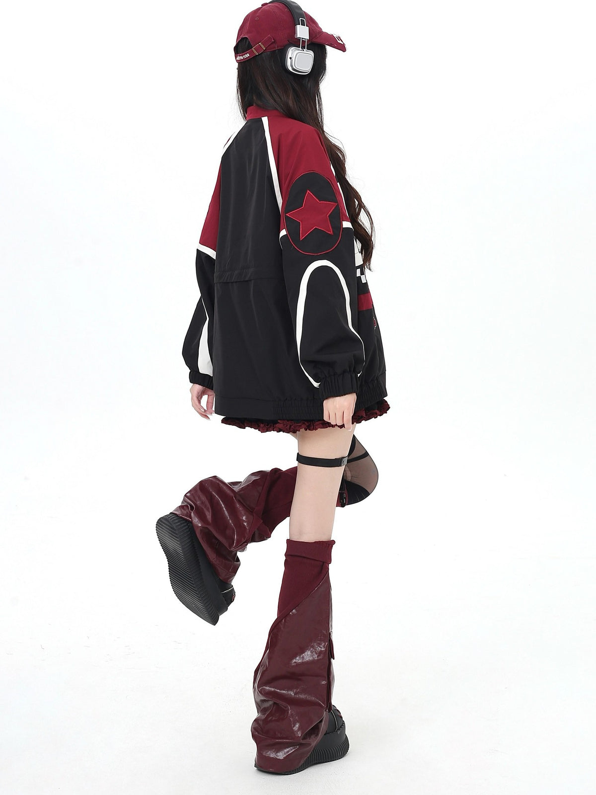 Crazy Girl Retro Patchwork Biker Stand Collar Zipper Women&