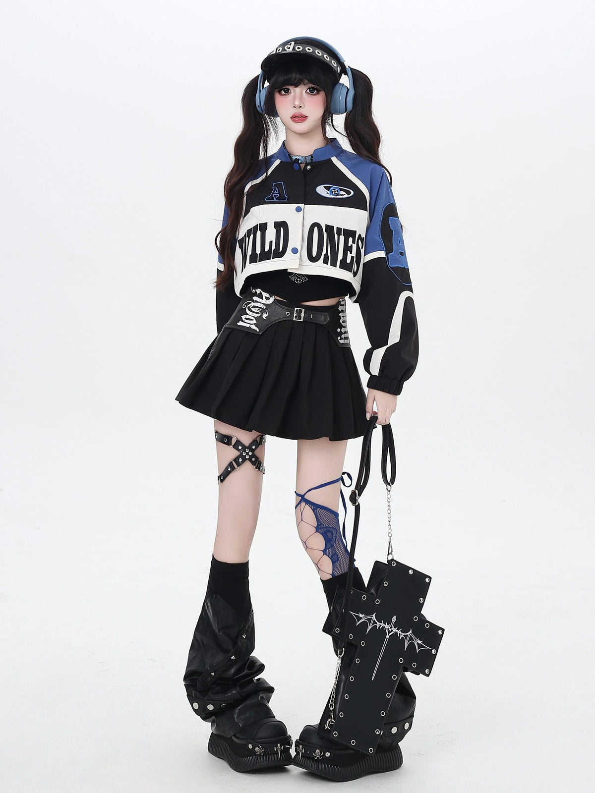 Crazy Girl Retro Patchwork Biker Stand Collar Zipper Women&