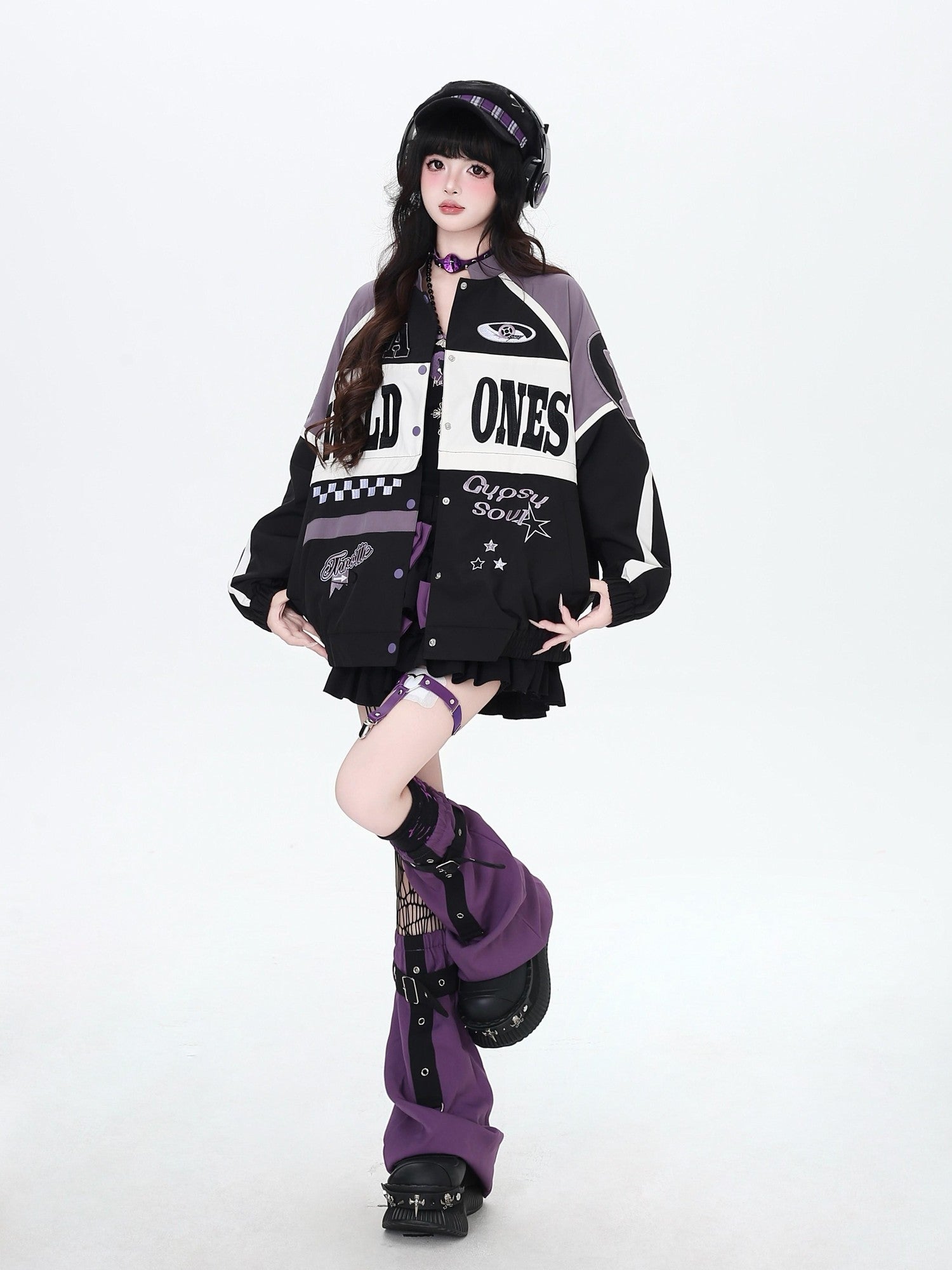 Crazy Girl Retro Patchwork Biker Stand Collar Zipper Women&