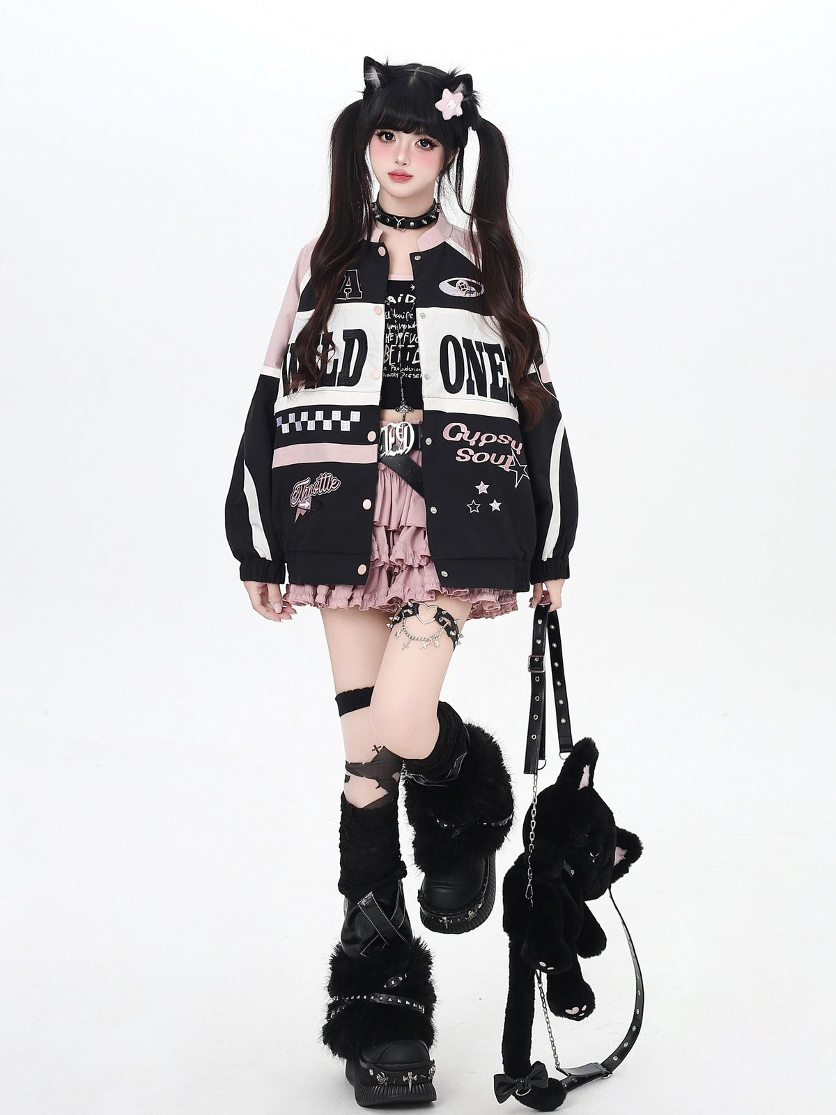 Crazy Girl Retro Patchwork Biker Stand Collar Zipper Women&