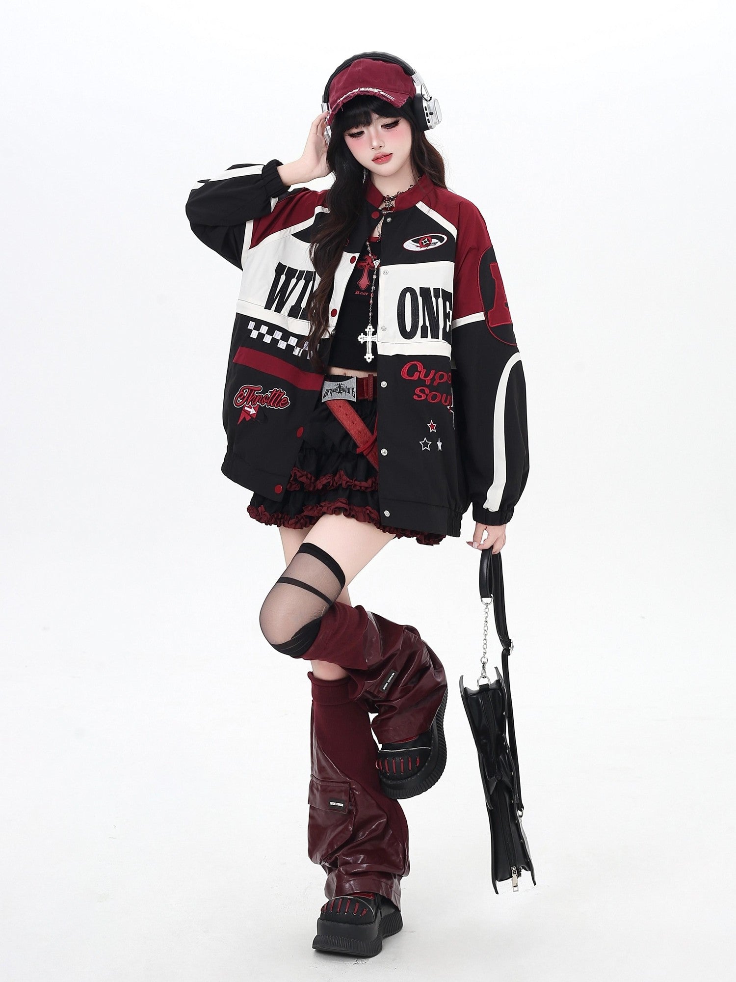 Crazy Girl Retro Patchwork Biker Stand Collar Zipper Women&