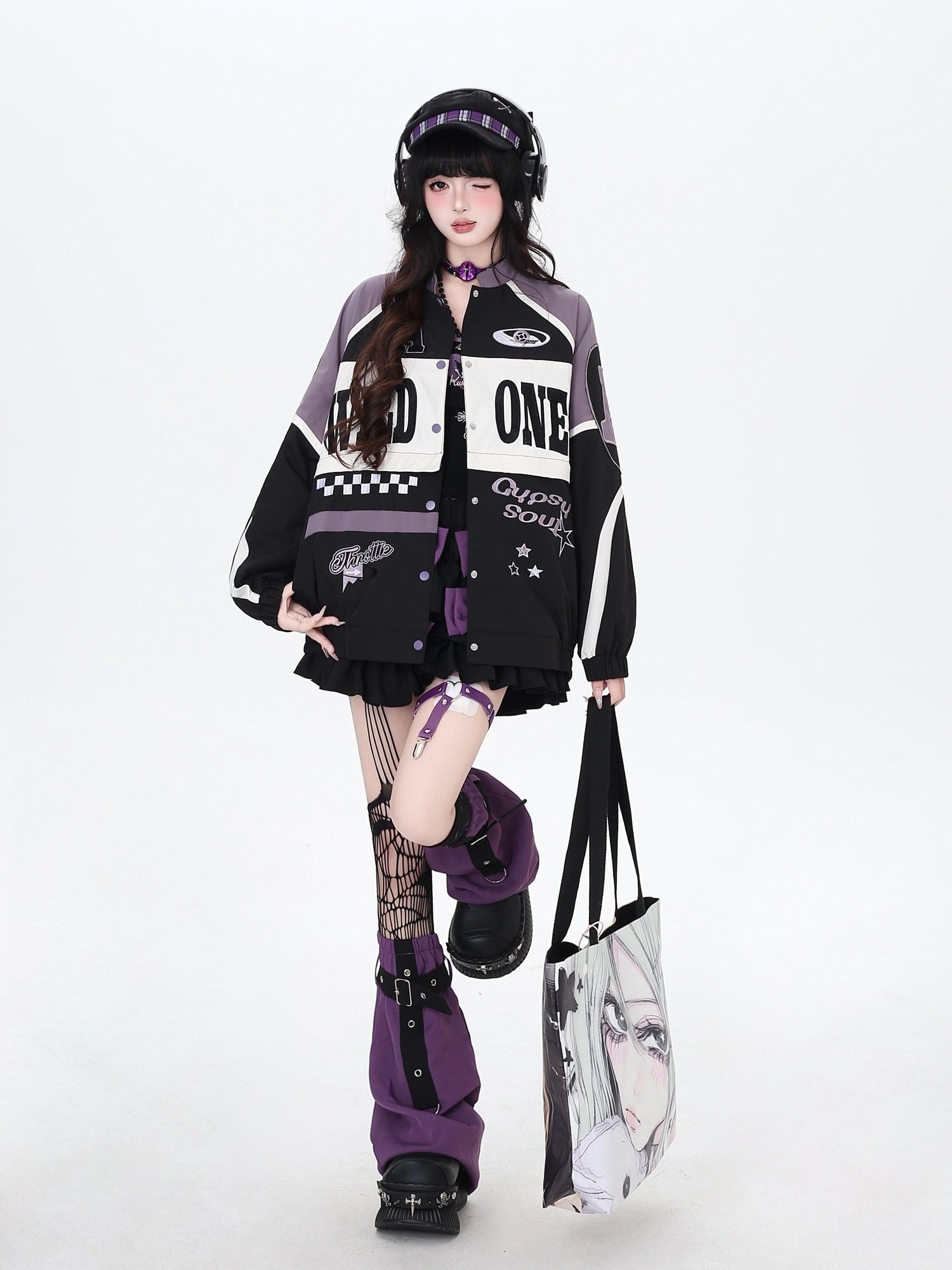 Crazy Girl Retro Patchwork Biker Stand Collar Zipper Women&