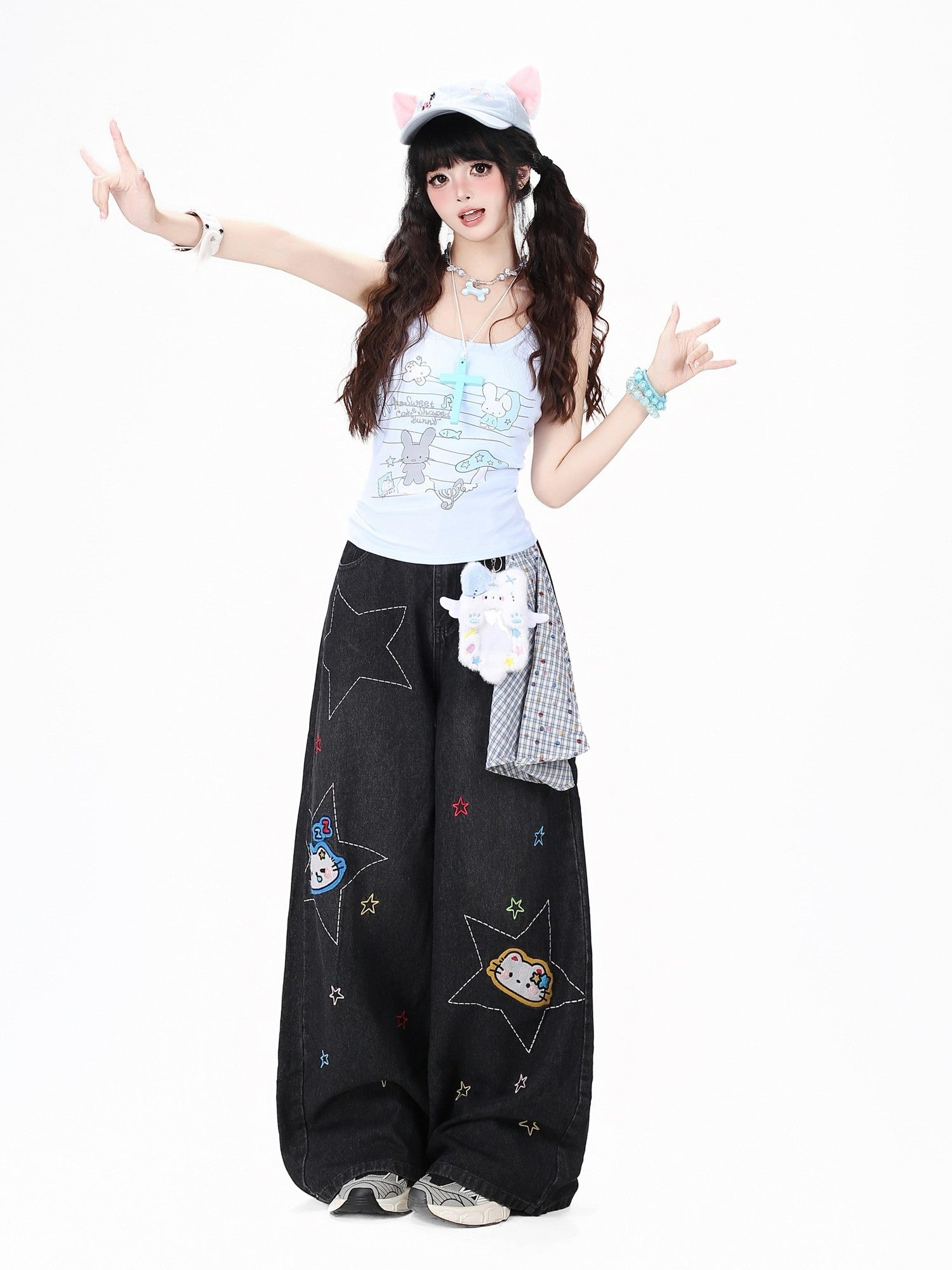 Crazy Girl Retro Star Embroidered Kt Patch Ripped High Waist Women&