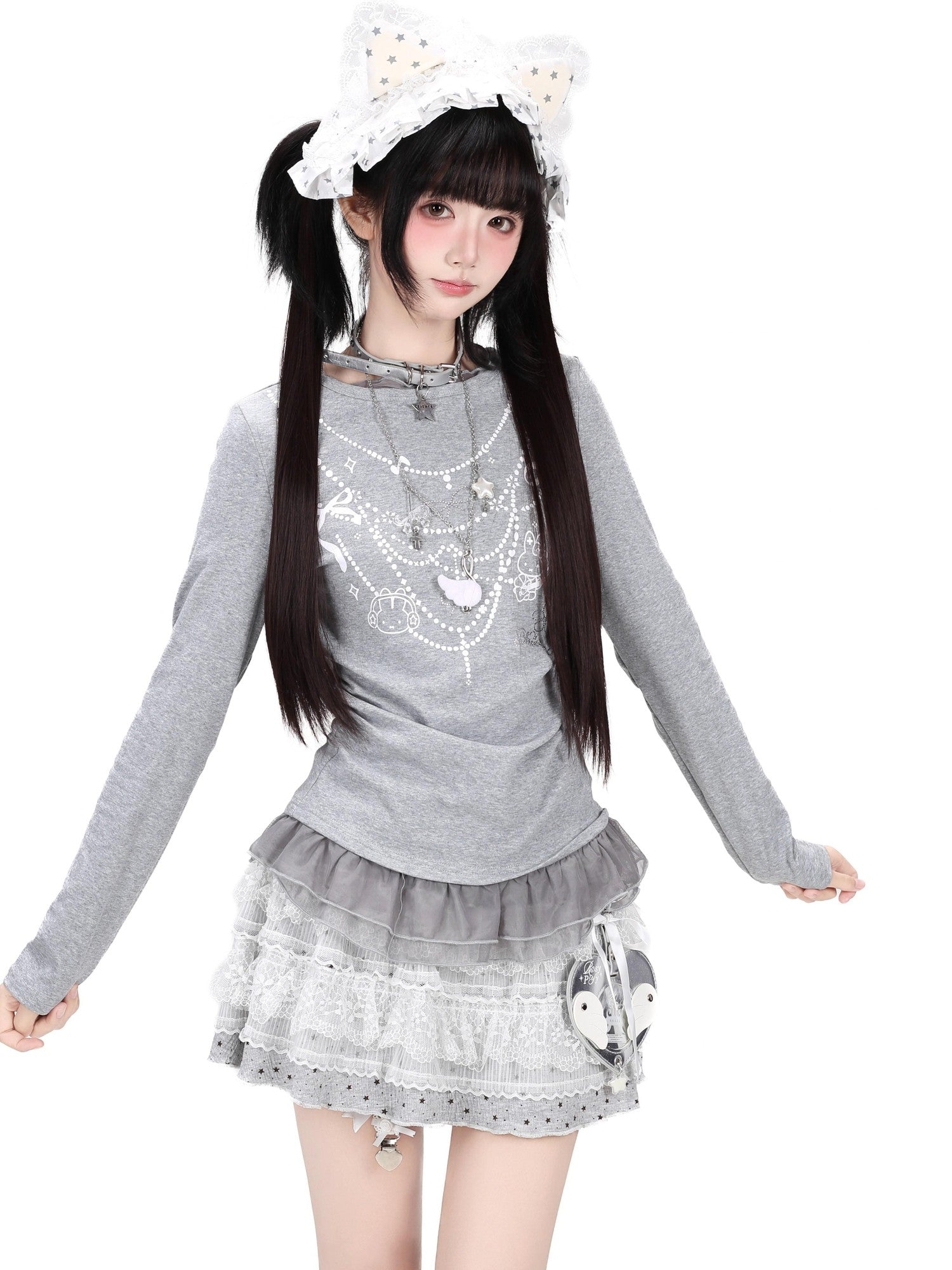 Crazy Girl Rhinestone Necklace Ruffle Bow Print Women&