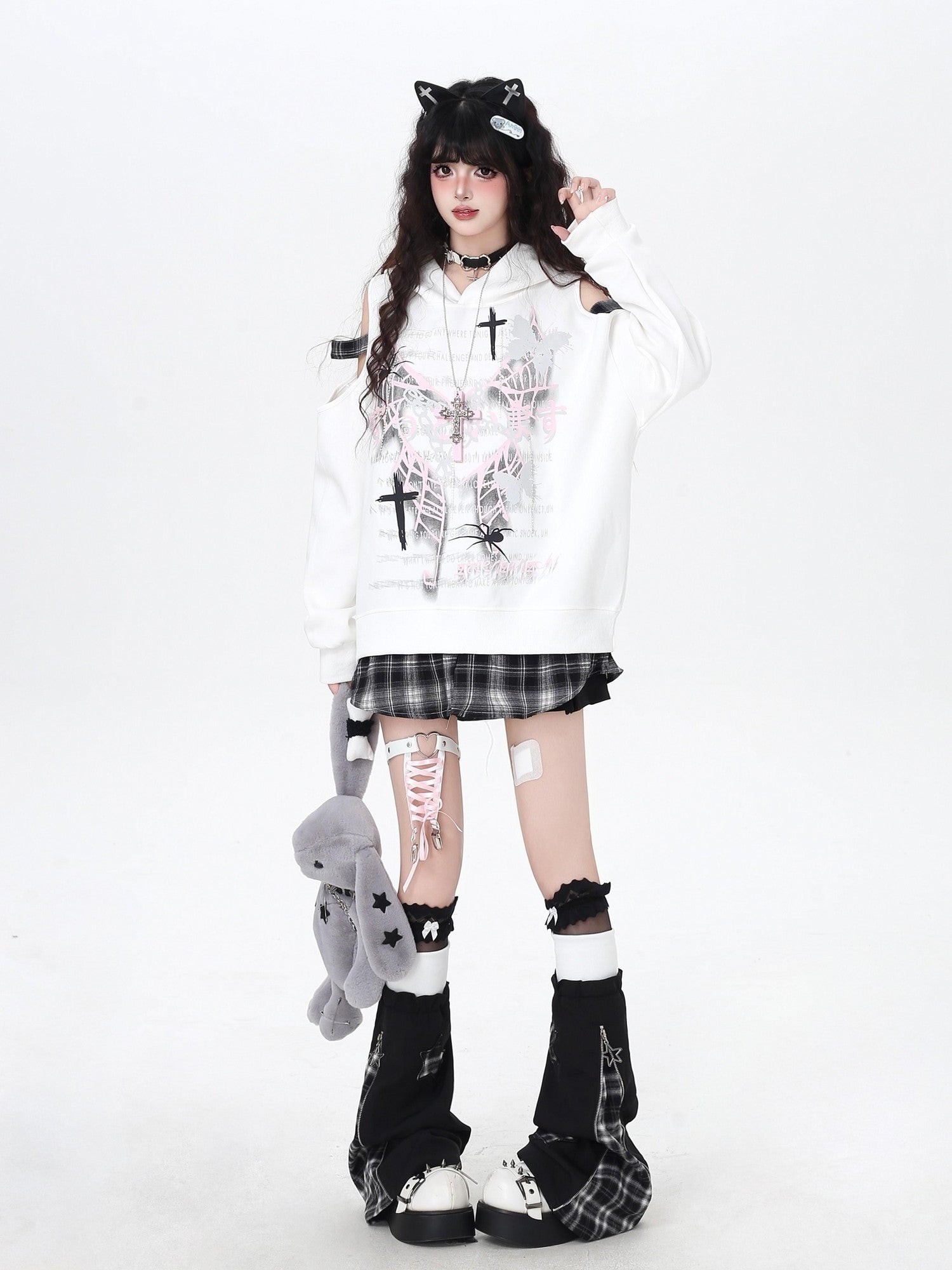Crazy Girl Scrunched Slouchy Star Patch Plaid Check Splice Women&