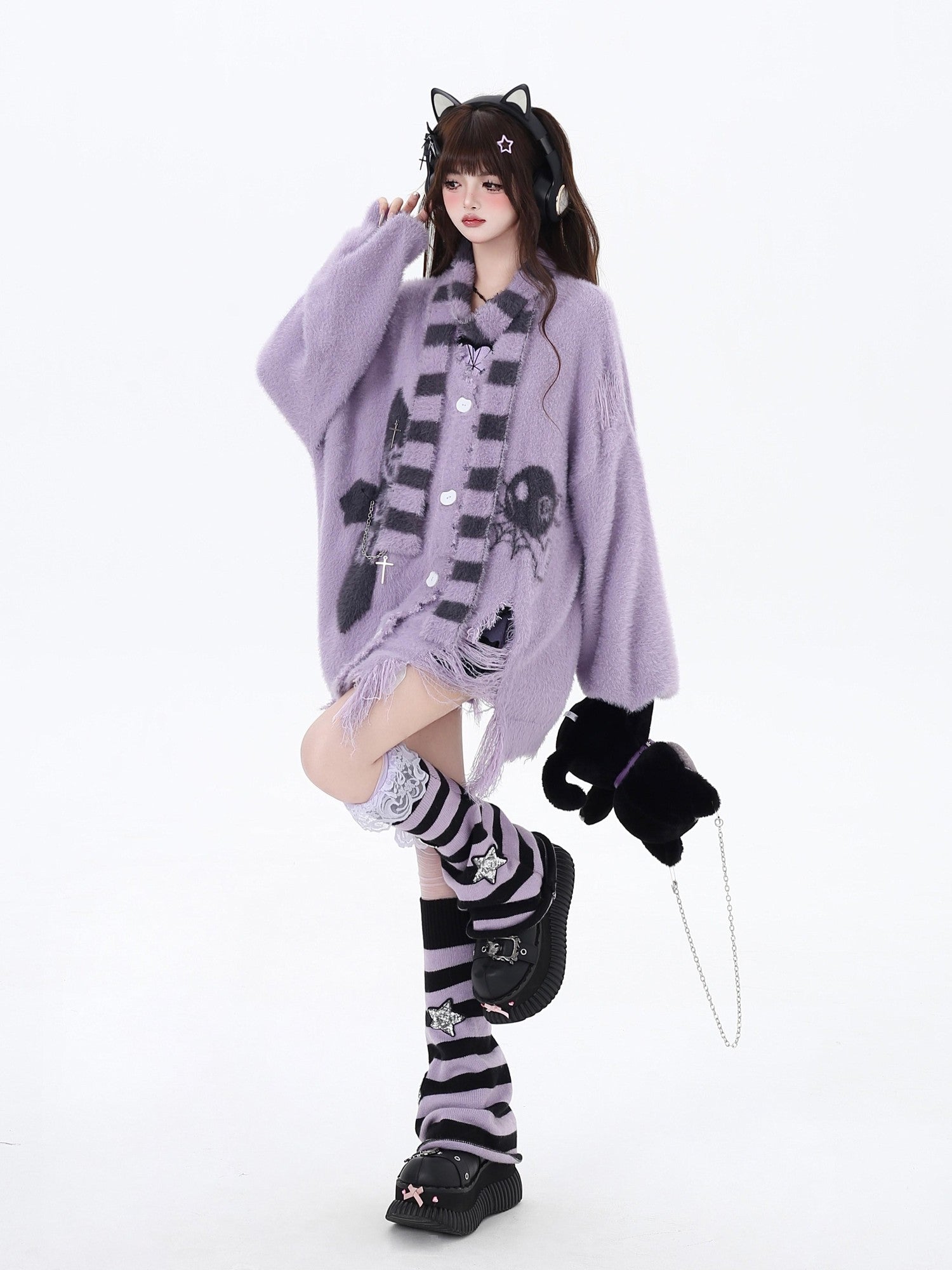 Crazy Girl Sea Mist Subculture Jacquard V-neck Mid Length Loose Women&