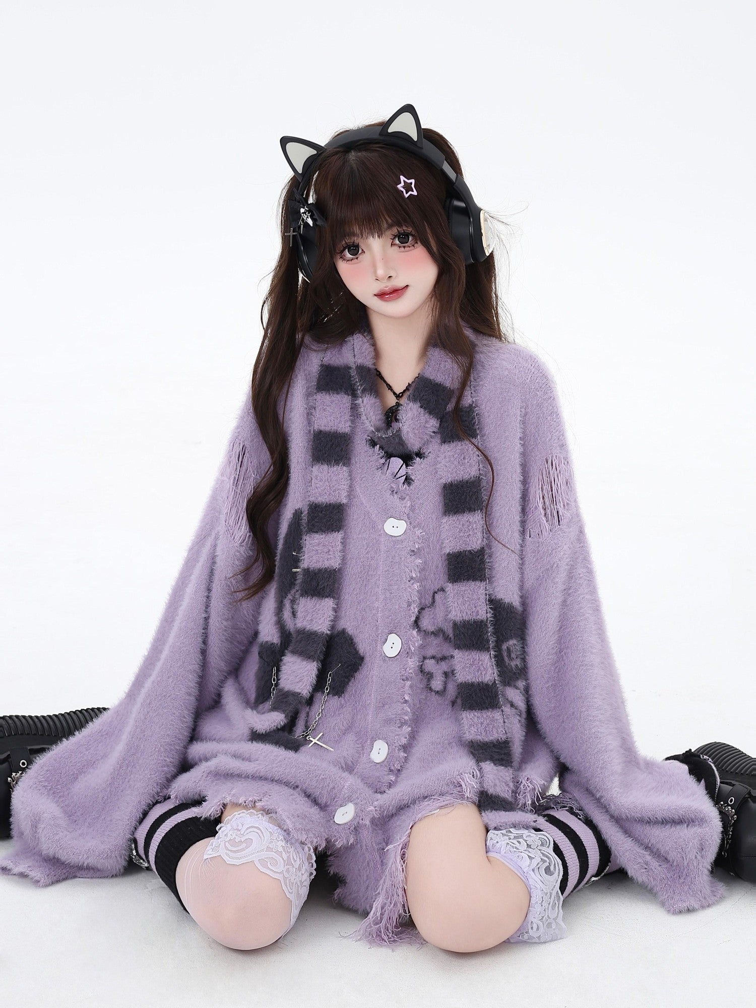 Crazy Girl Sea Mist Subculture Jacquard V-neck Mid Length Loose Women&