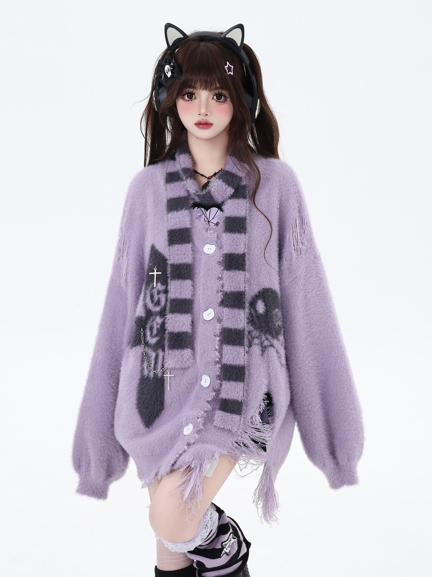 Crazy Girl Sea Mist Subculture Jacquard V-neck Mid Length Loose Women&