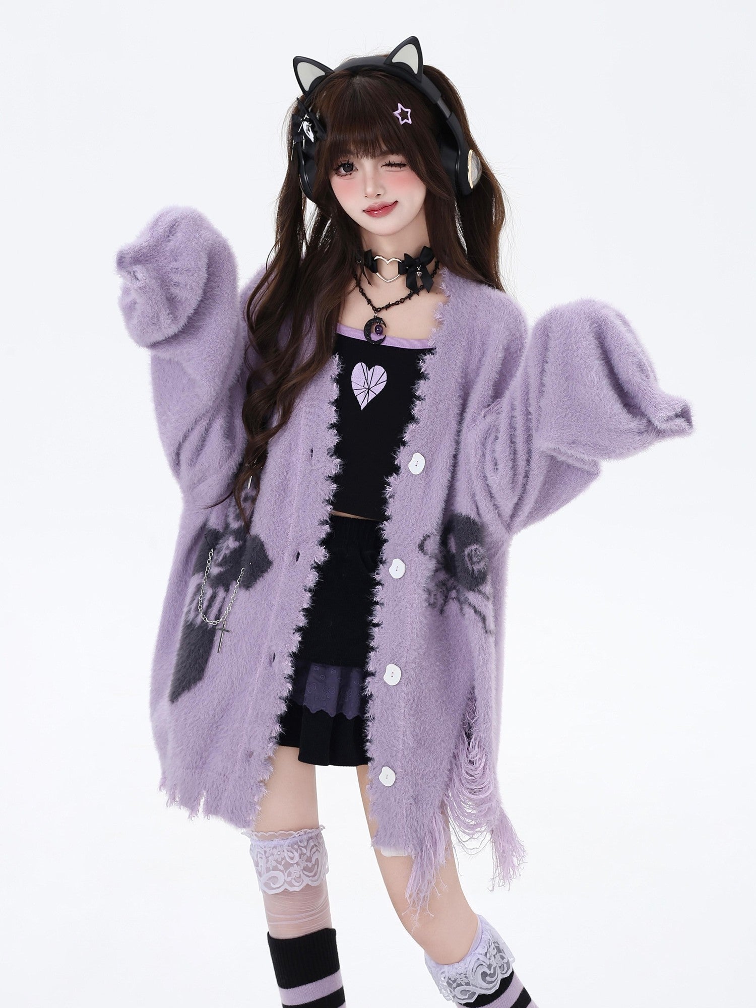 Crazy Girl Sea Mist Subculture Jacquard V-neck Mid Length Loose Women&