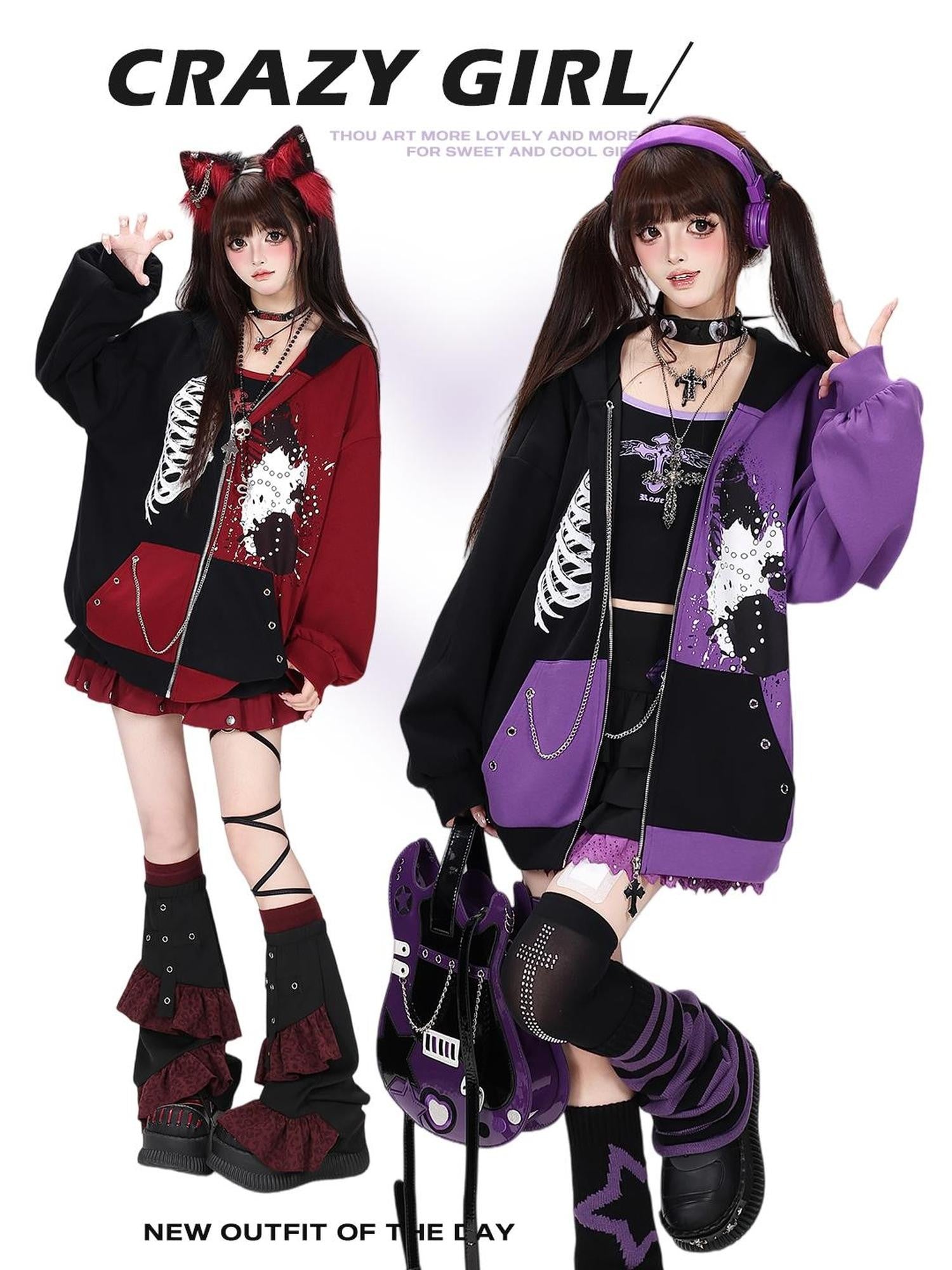Crazy Girl Skull Memory Chip Colorblock Punk Loose Women&