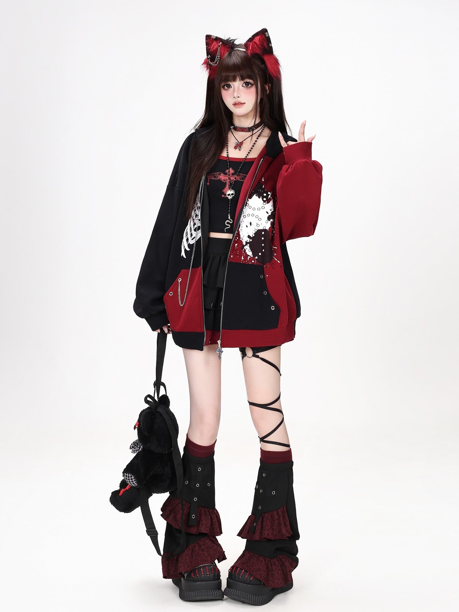 Crazy Girl Skull Memory Chip Colorblock Punk Loose Women&