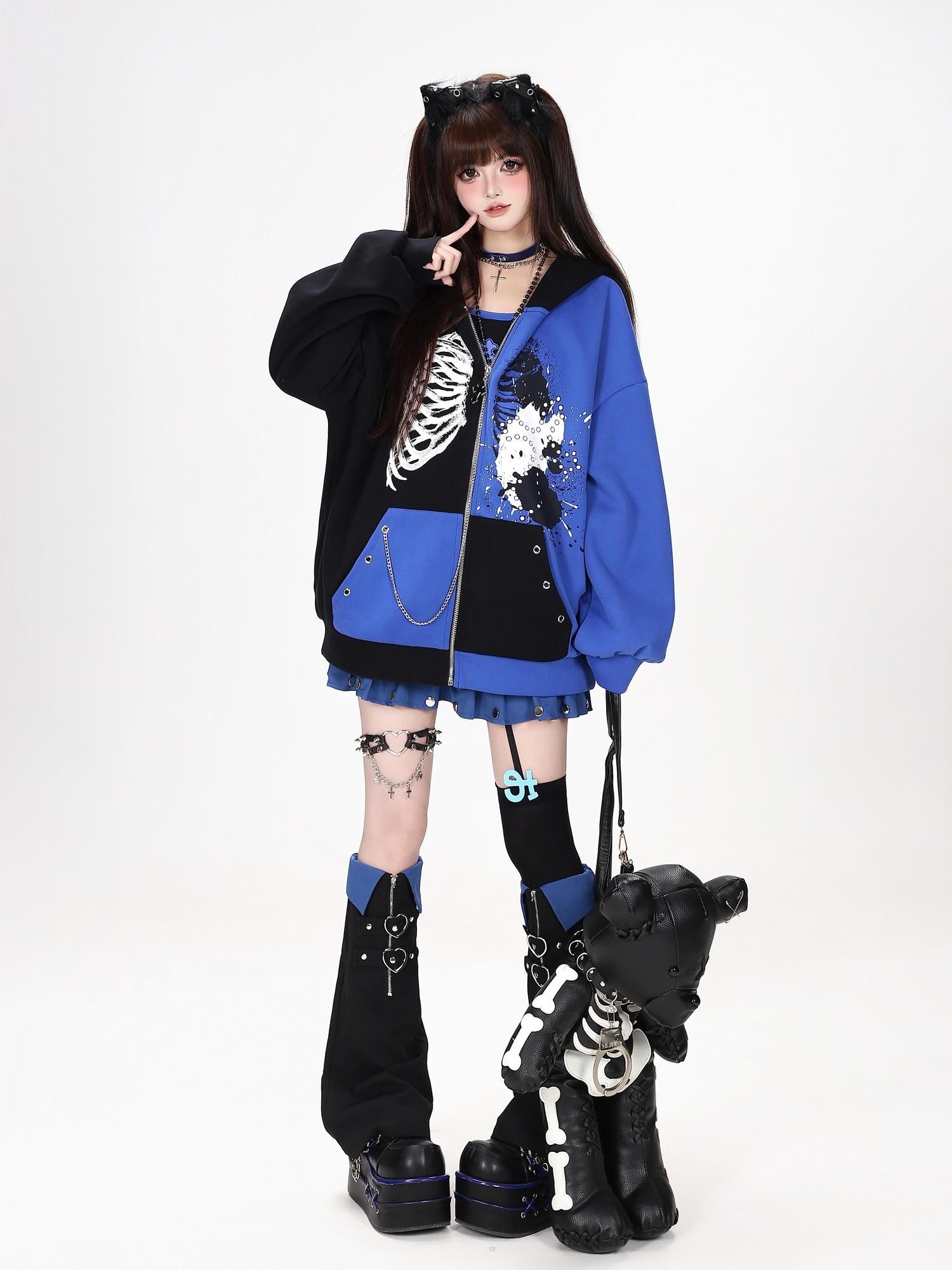 Crazy Girl Skull Memory Chip Colorblock Punk Loose Women&