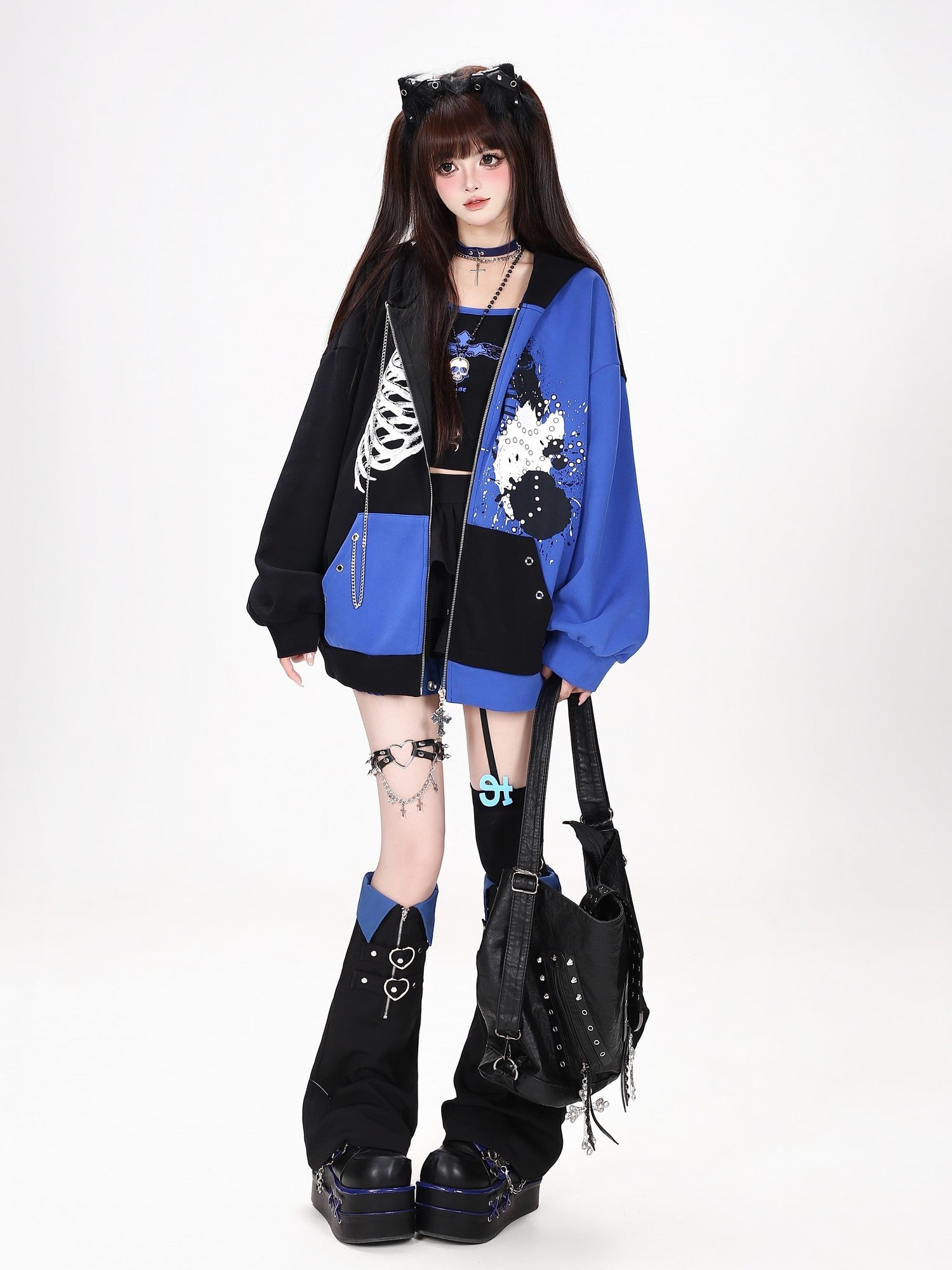 Crazy Girl Skull Memory Chip Colorblock Punk Loose Women&