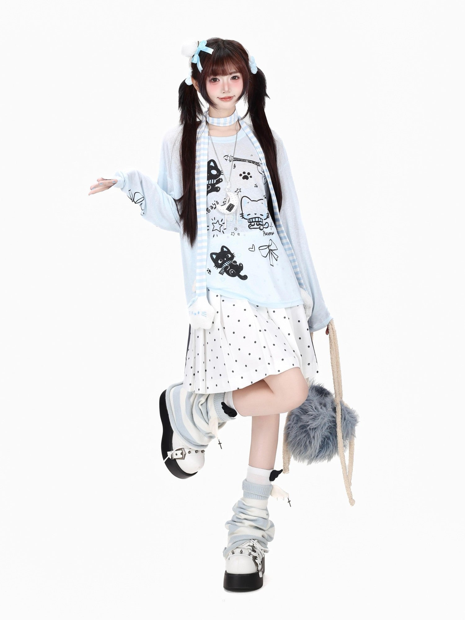 Crazy Girl Soft Cute Guitar Cat Printed Round Neck Loose Fit Women&