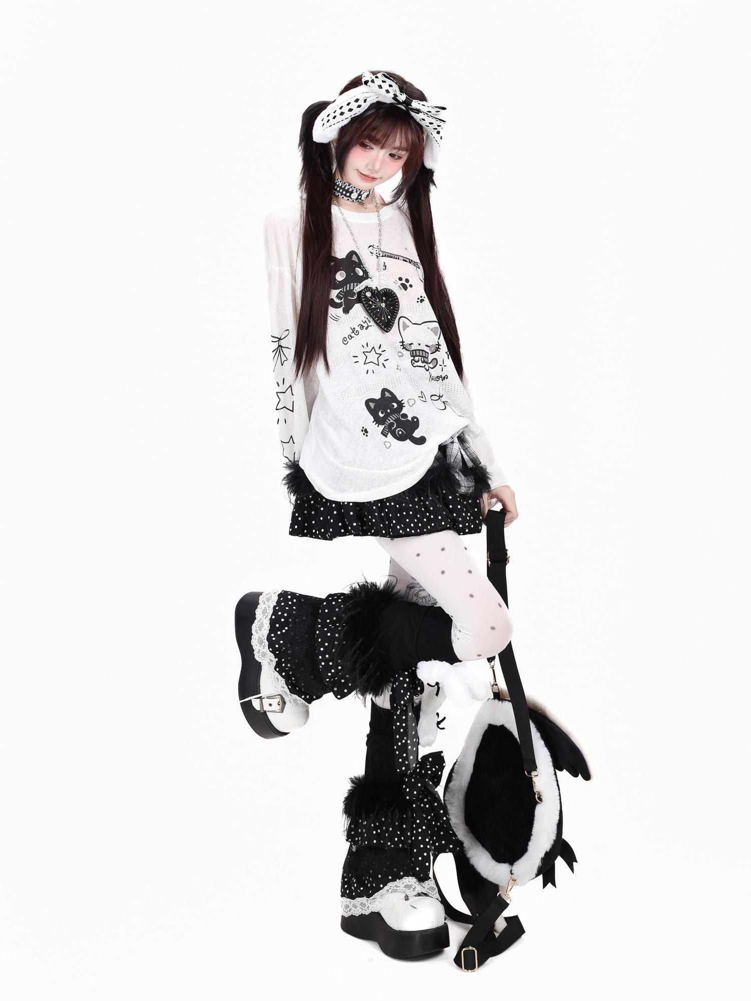 Crazy Girl Soft Cute Guitar Cat Printed Round Neck Loose Fit Women&