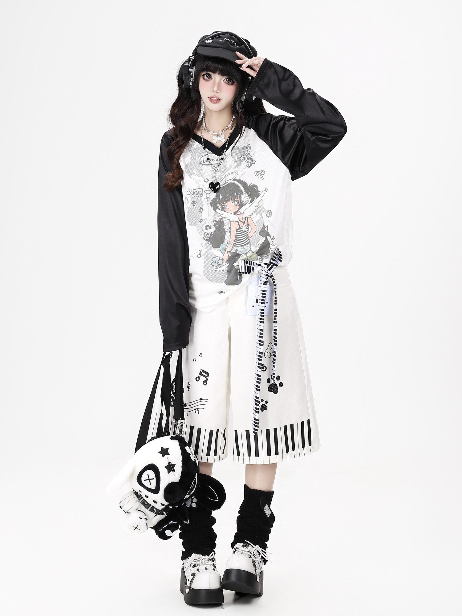 Crazy Girl Soft Girl V-neck Raglan Patchwork Breathable Loose Women&