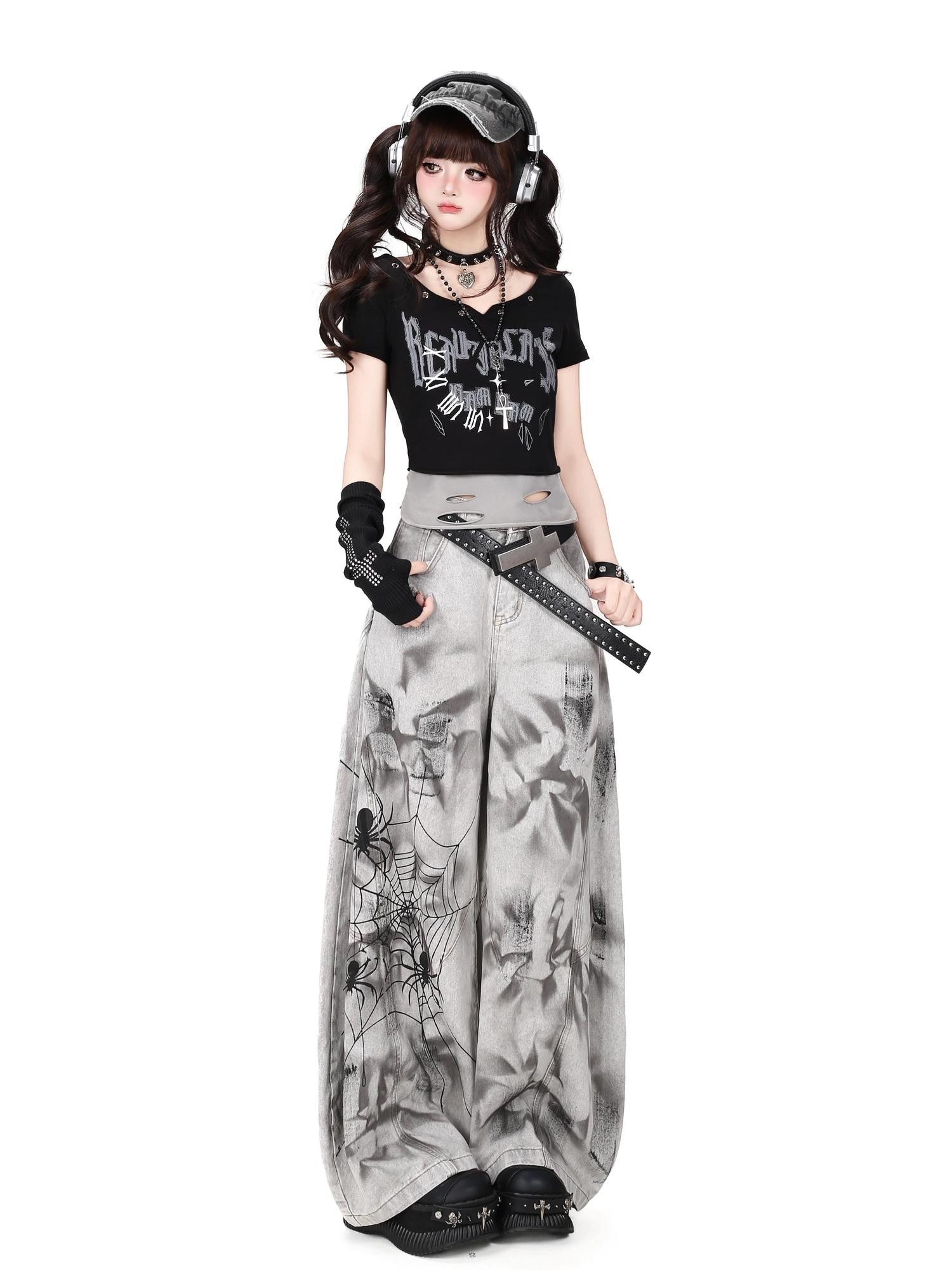 Crazy Girl Spiderweb Tie Dye Zipper High Waist Women&