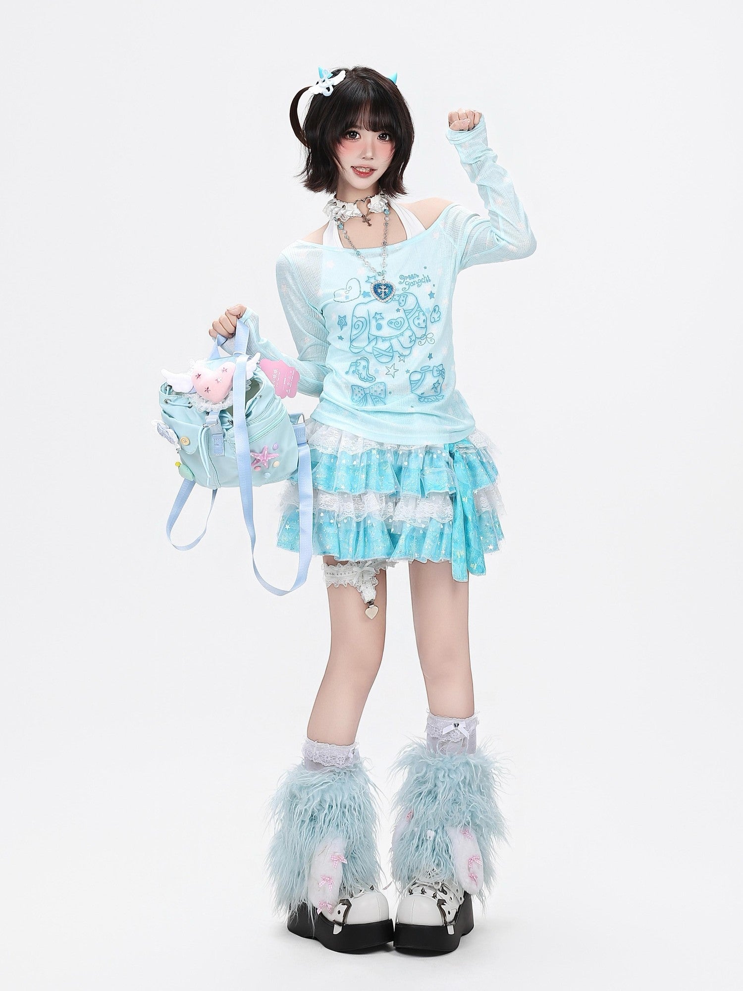 Crazy Girl Star Bow Print Splice Slim Fit Round Neck Women&