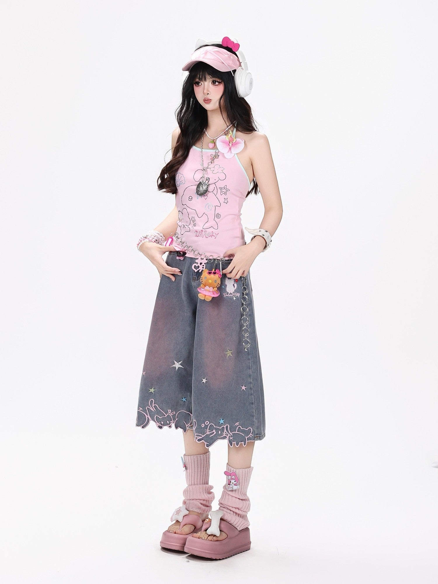 Crazy Girl Star Cat Embroidered Gradient Loose High Waist Women&