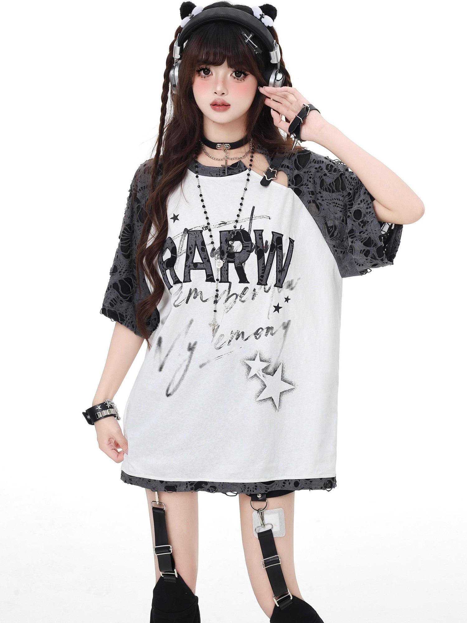 Crazy Girl Star Distressed Patchwork Raglan Women&
