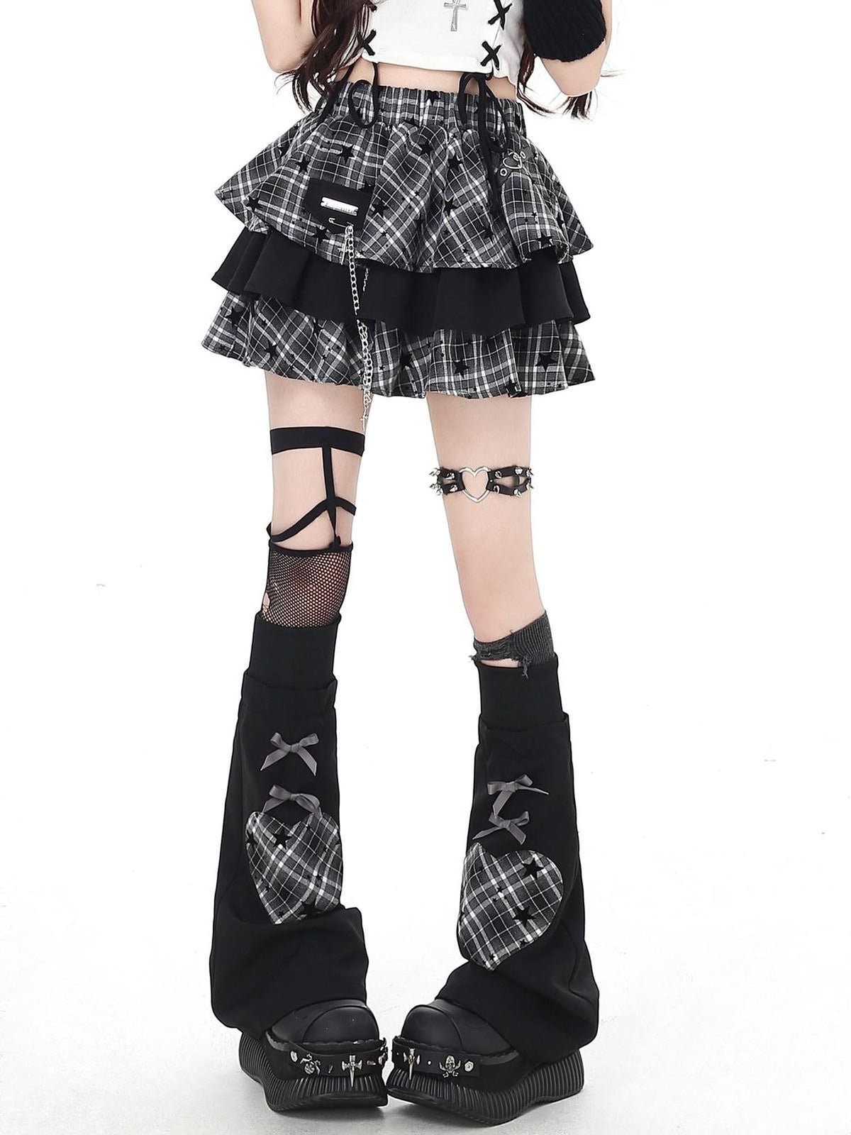 Crazy Girl Star Plaid Heavy Embellished Chain High Waist Women&