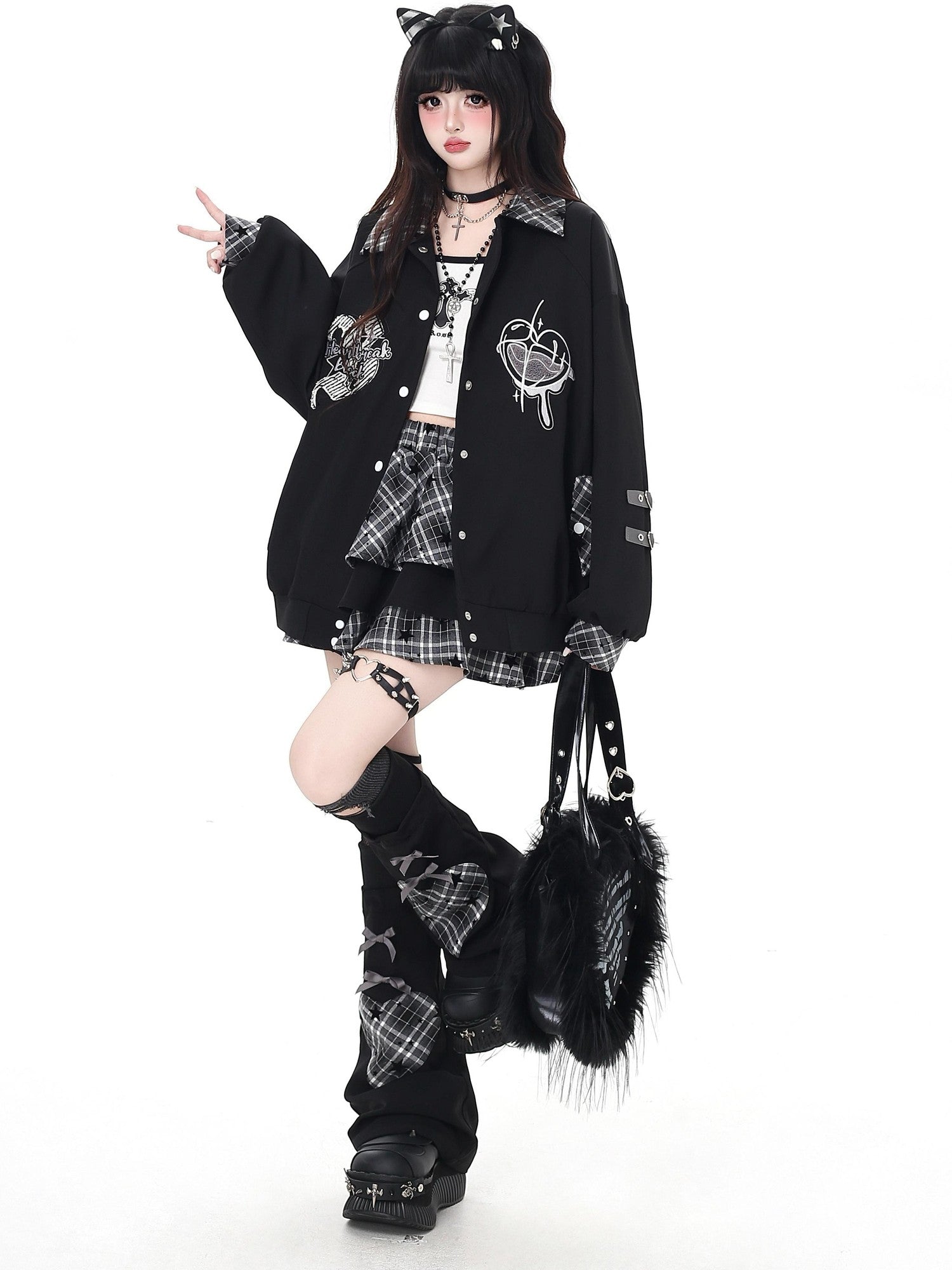 Crazy Girl Star Plaid Heavy Embellished Chain High Waist Women&