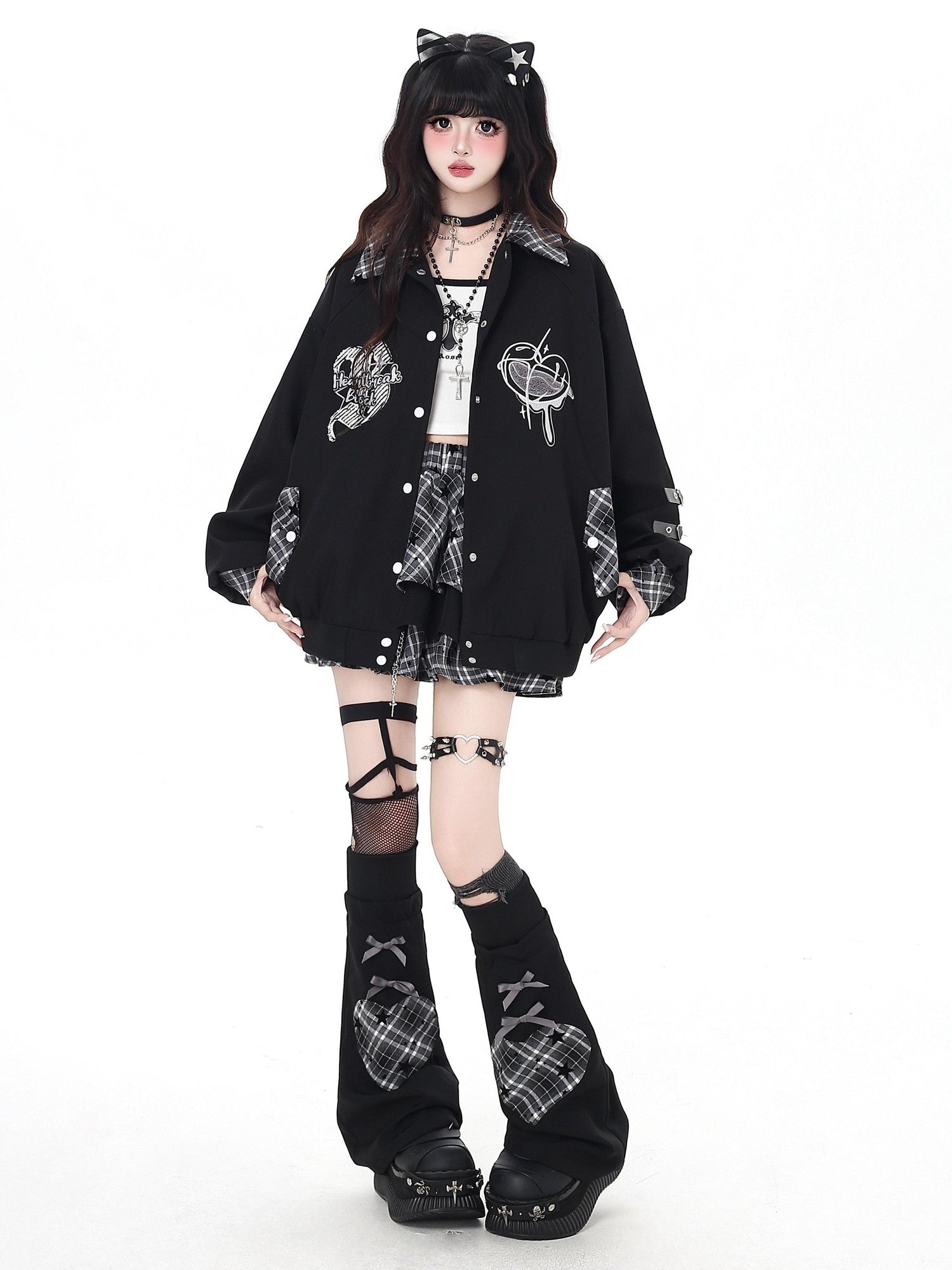 Crazy Girl Star Plaid Heavy Embellished Chain High Waist Women&