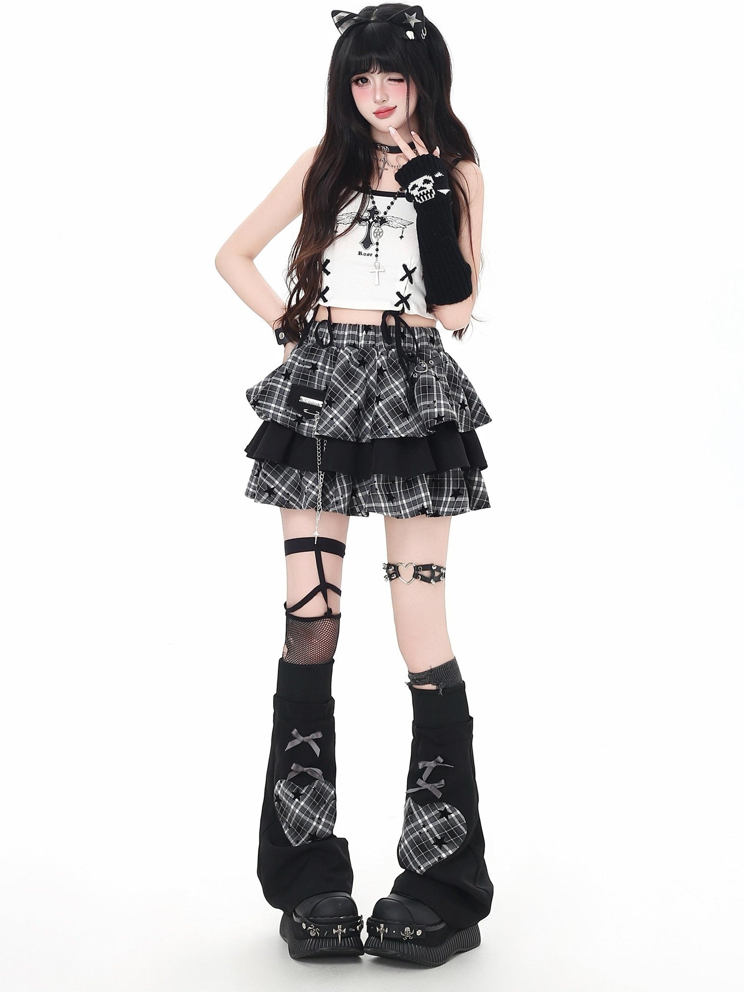 Crazy Girl Star Plaid Heavy Embellished Chain High Waist Women&