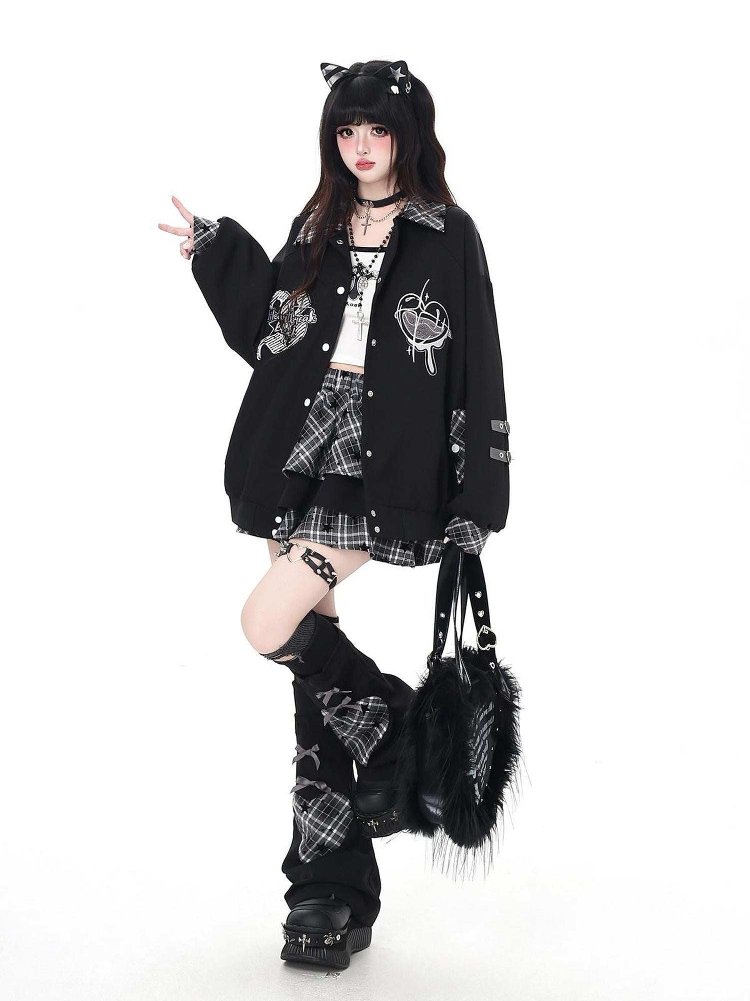 Crazy Girl Star Plaid Heavy Embellished Chain High Waist Women&