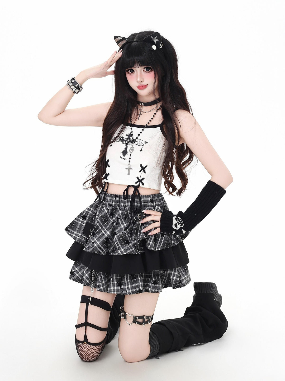 Crazy Girl Star Plaid Heavy Embellished Chain High Waist Women&