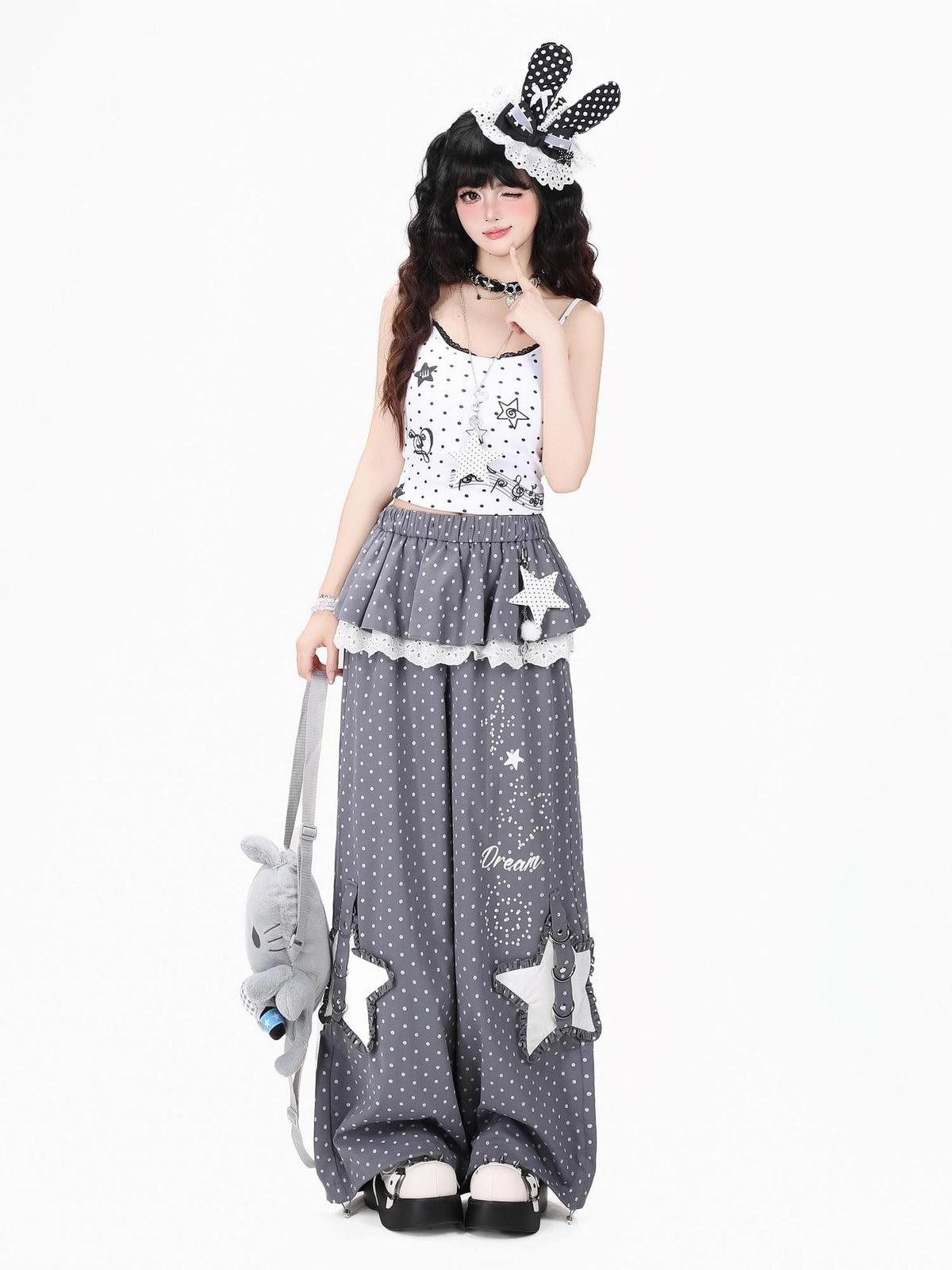 Crazy Girl Star Polka Dot Faux Two Piece High Waist Women&