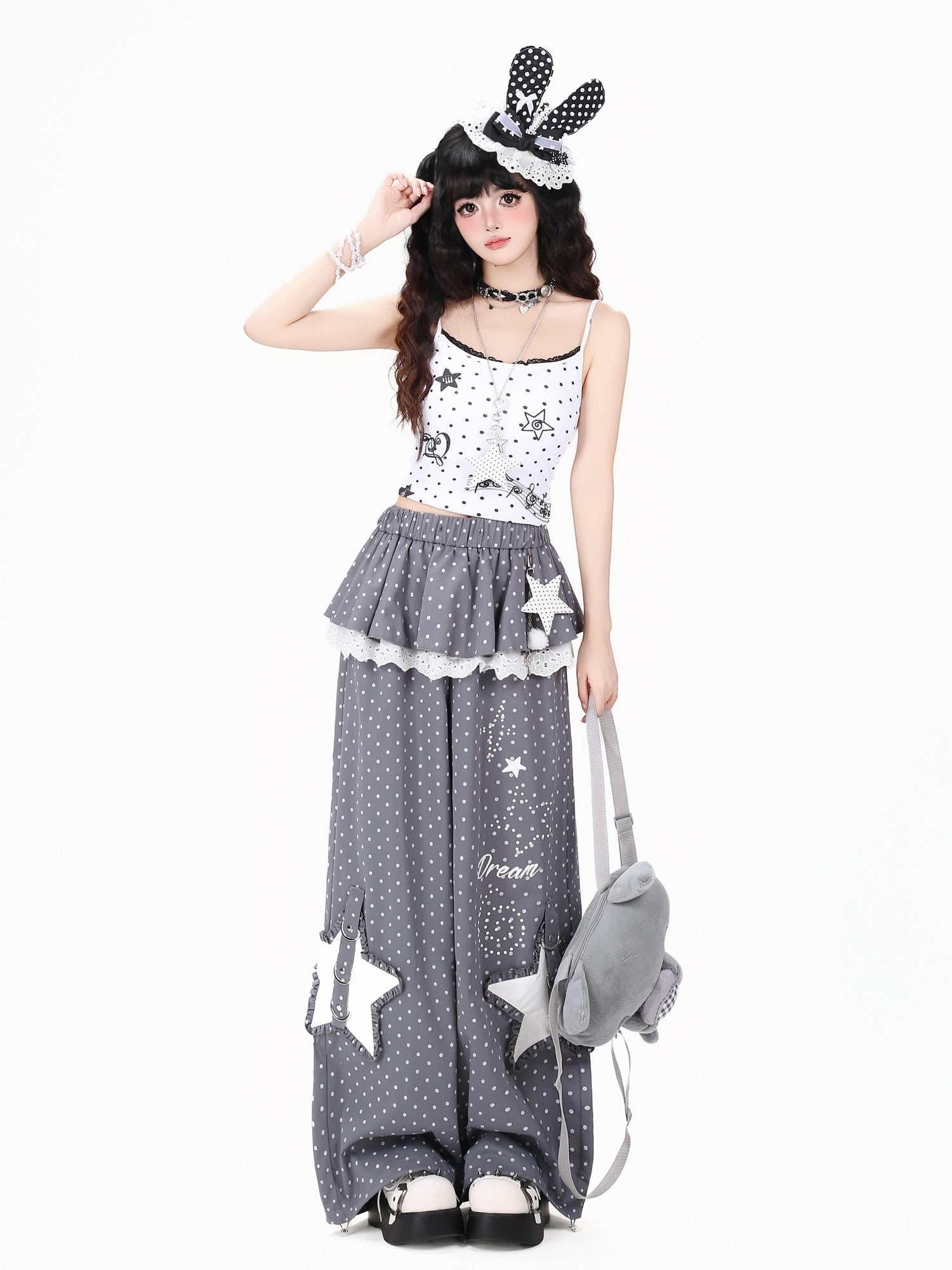 Crazy Girl Star Polka Dot Faux Two Piece High Waist Women&