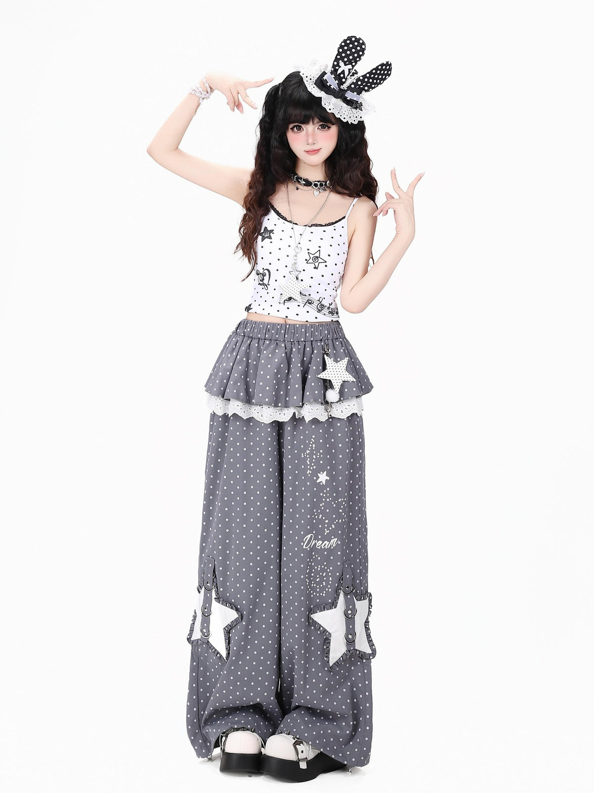 Crazy Girl Star Polka Dot Faux Two Piece High Waist Women&
