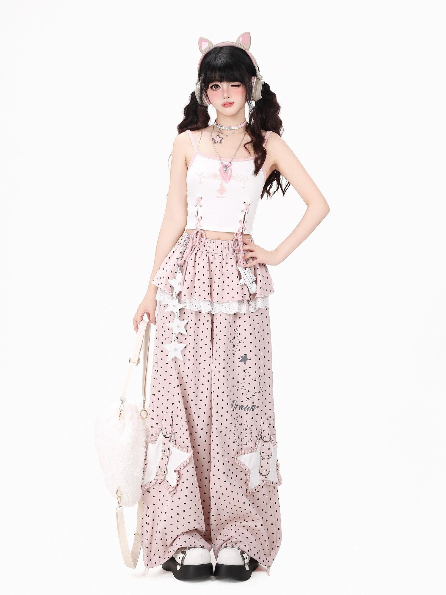 Crazy Girl Star Polka Dot Faux Two Piece High Waist Women&