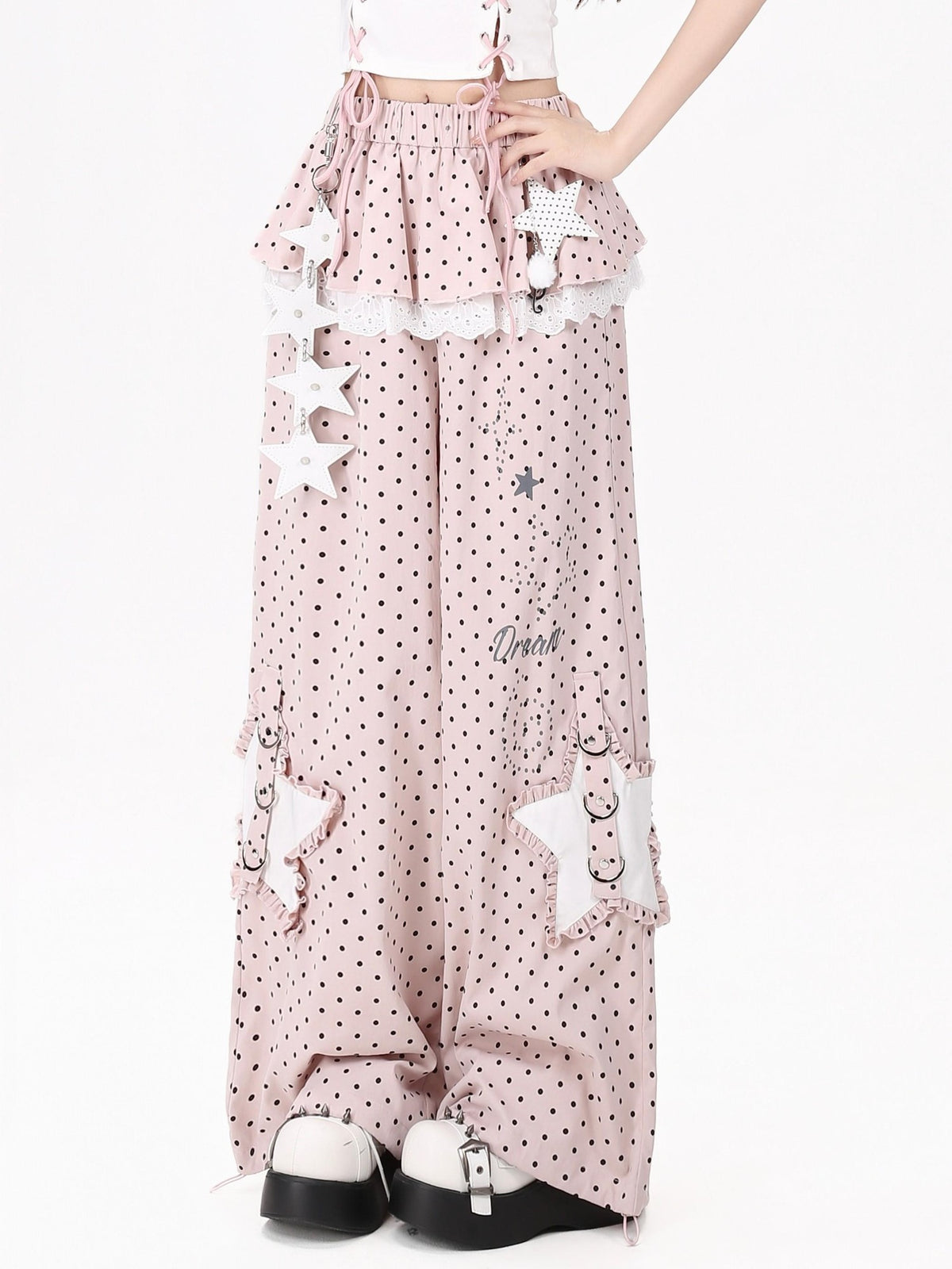 Crazy Girl Star Polka Dot Faux Two Piece High Waist Women&