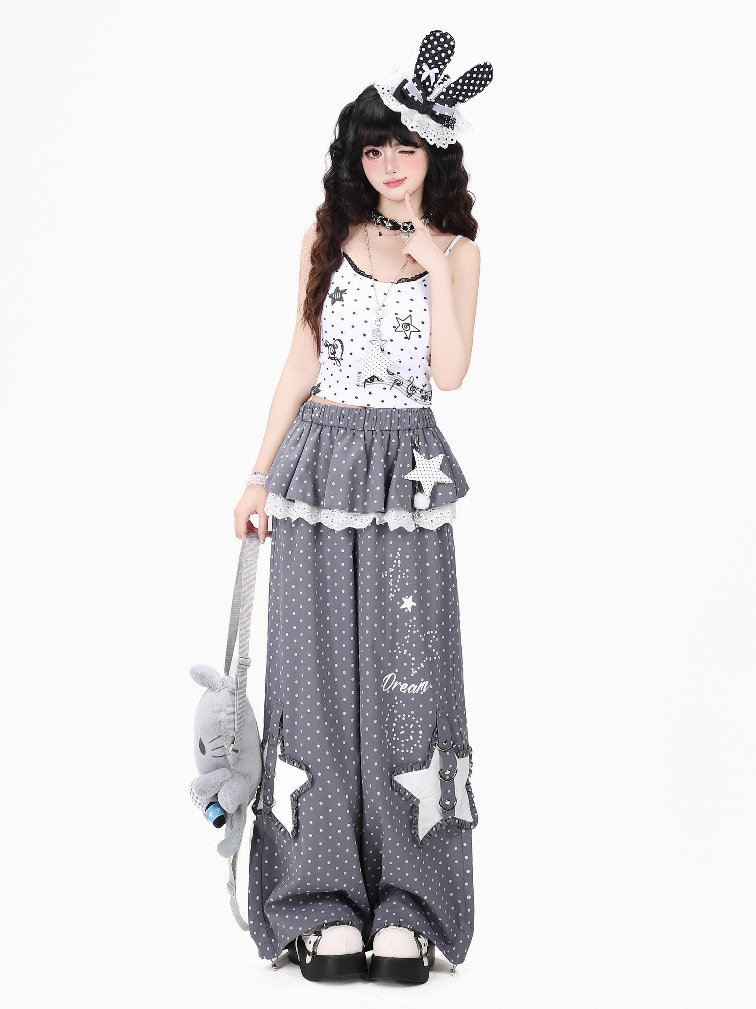 Crazy Girl Star Polka Dot Faux Two Piece High Waist Women&