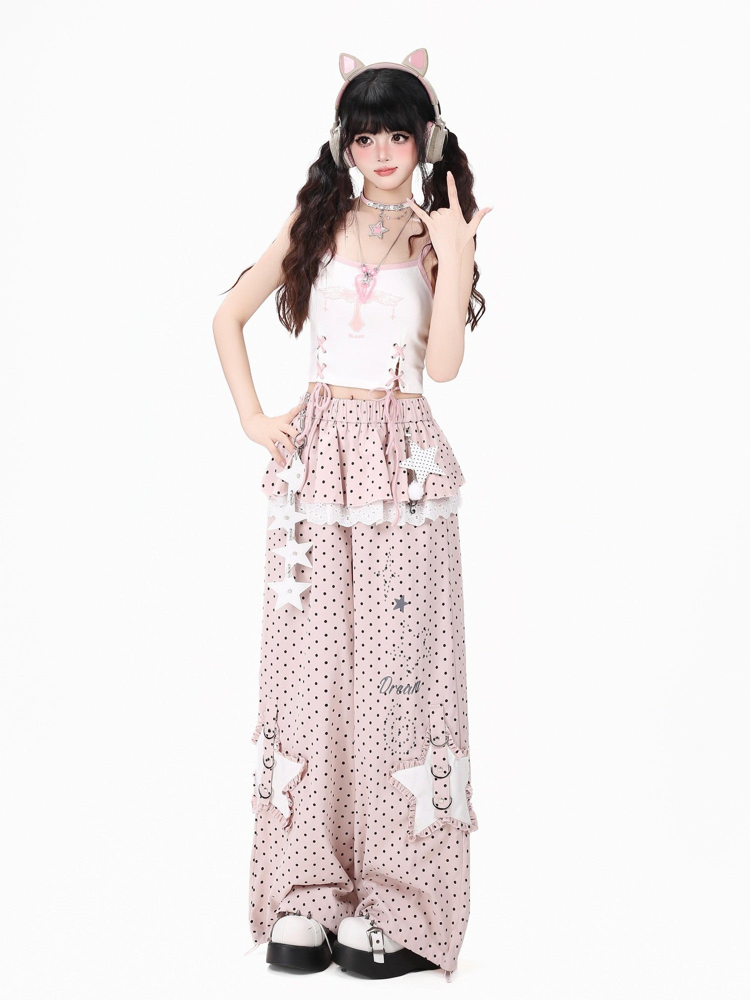 Crazy Girl Star Polka Dot Faux Two Piece High Waist Women&