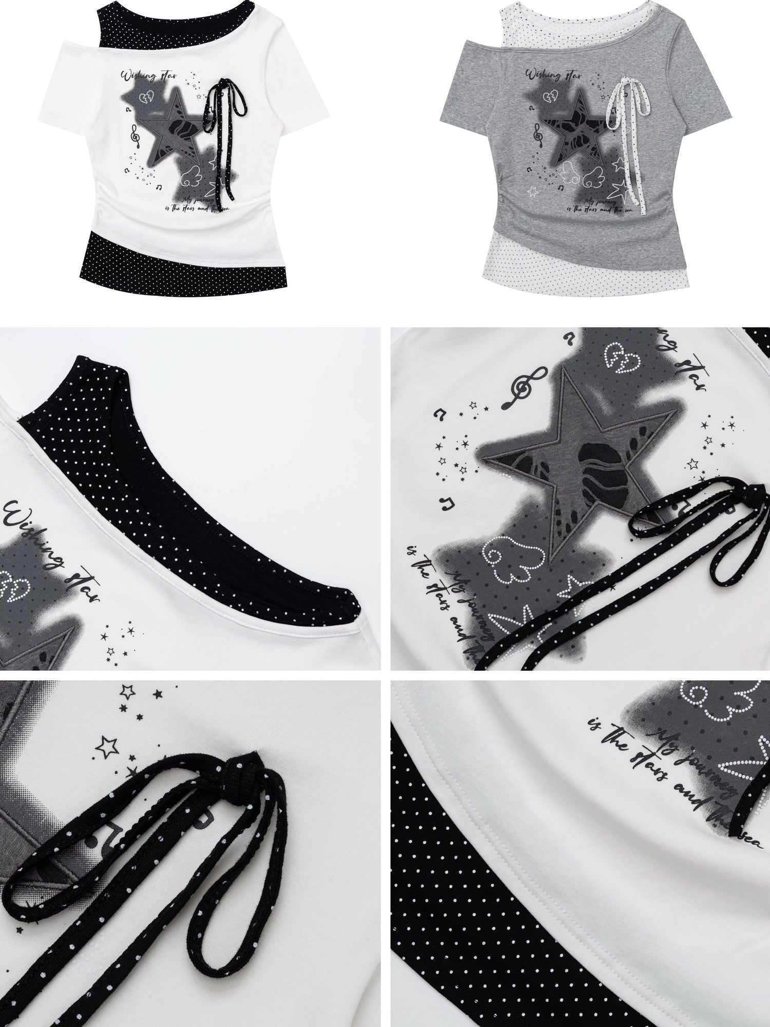 Crazy Girl Star Polka Dot Ripped Spliced Slanted Shoulder Women&