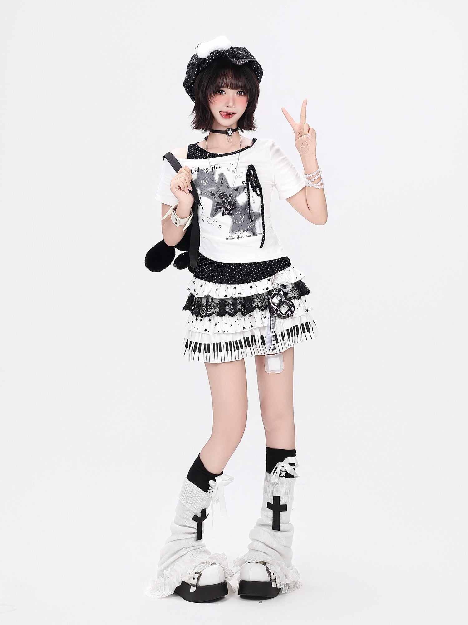 Crazy Girl Star Polka Dot Ripped Spliced Slanted Shoulder Women&