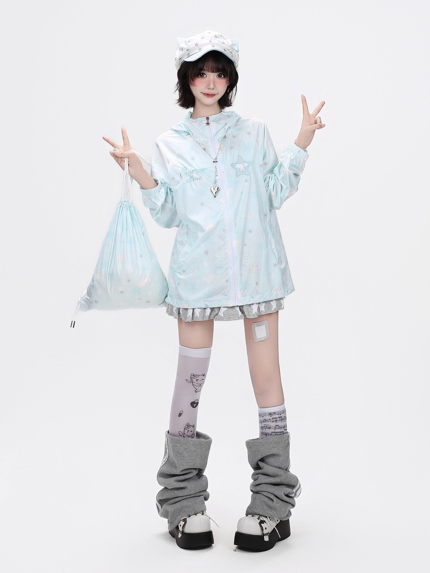 Crazy Girl Star Print Hooded Upf50 Loose Zip Women&