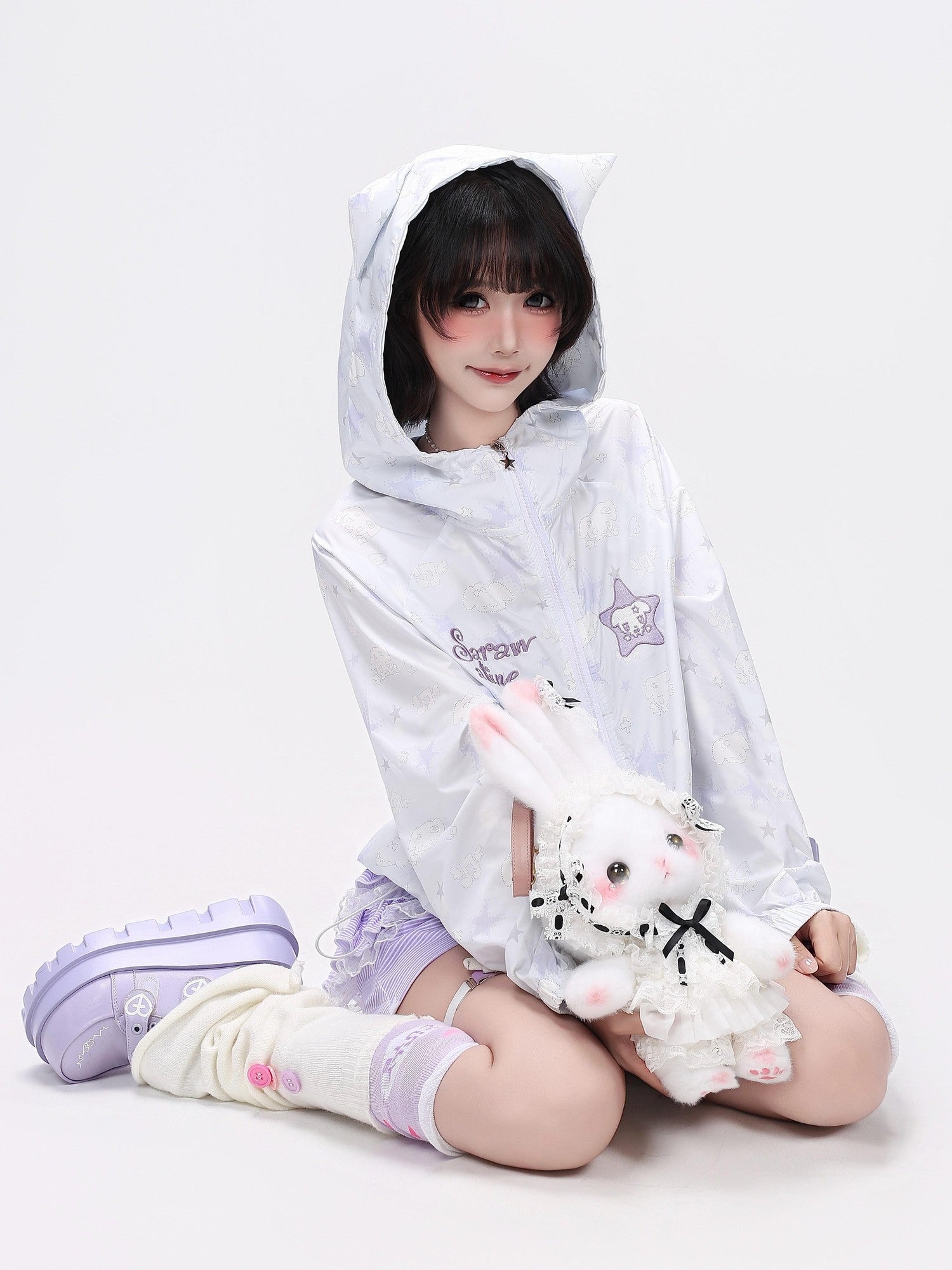 Crazy Girl Star Print Hooded Upf50 Loose Zip Women&